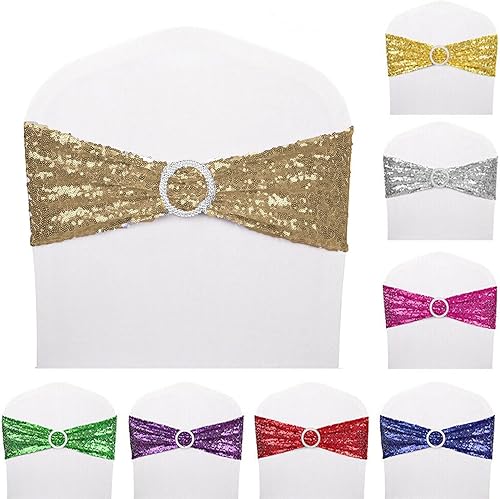 Miniatura 9 de 25 bandas elásticas de elastano con lentejuelas para silla, para bodas, recepciones, eventos, banquetes, sillas y decoración (dorado)
