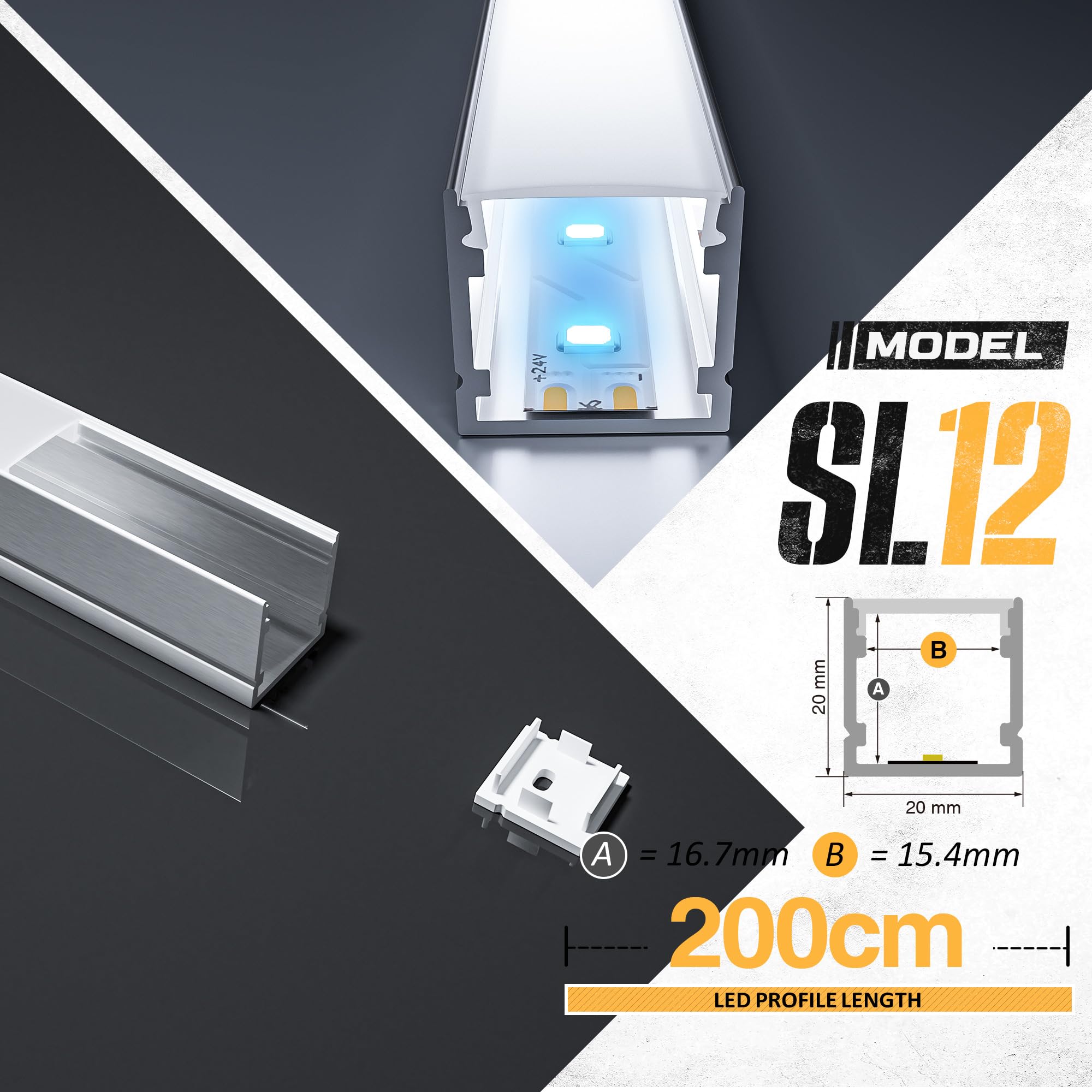LED-Aluminium-Profile 2-m-Pack 20x20-mm LED-Kanal mit PC-Diffuseur - Dettaglio