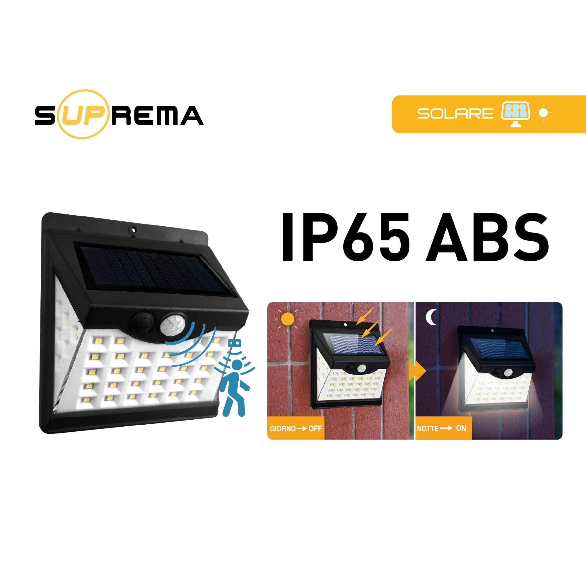 Suprema, Lampada Solare, 6 Pezzi, Faretto LED da Esterno con Sensore PIR e Crepuscolare, IP65, Montaggio Biadesivo, Autonomia 6-8 Ore, Ricarica Solare