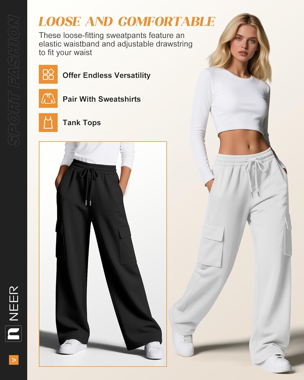 Neer 3 Pack Women's Cargo Sweatpants Wide Leg Baggy Loose Elastic Drawstring Pants Casual Athletic Joggers with 4 Pockets - Image 4