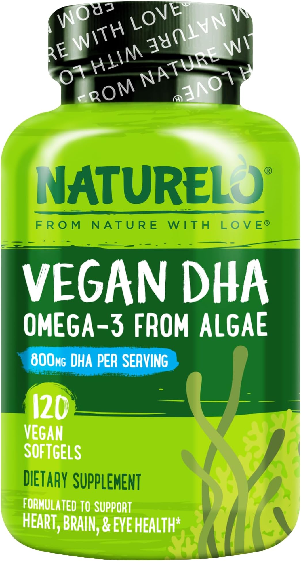 NATURELO Vegan DHA, Vegan Omega 3 Supplement, 120 Softgels, Supports Brain/Heart/Eye Health, Complements Prenatal Vitamins, Essential Fatty Acids, Omega 3 Supplement for Women & Men