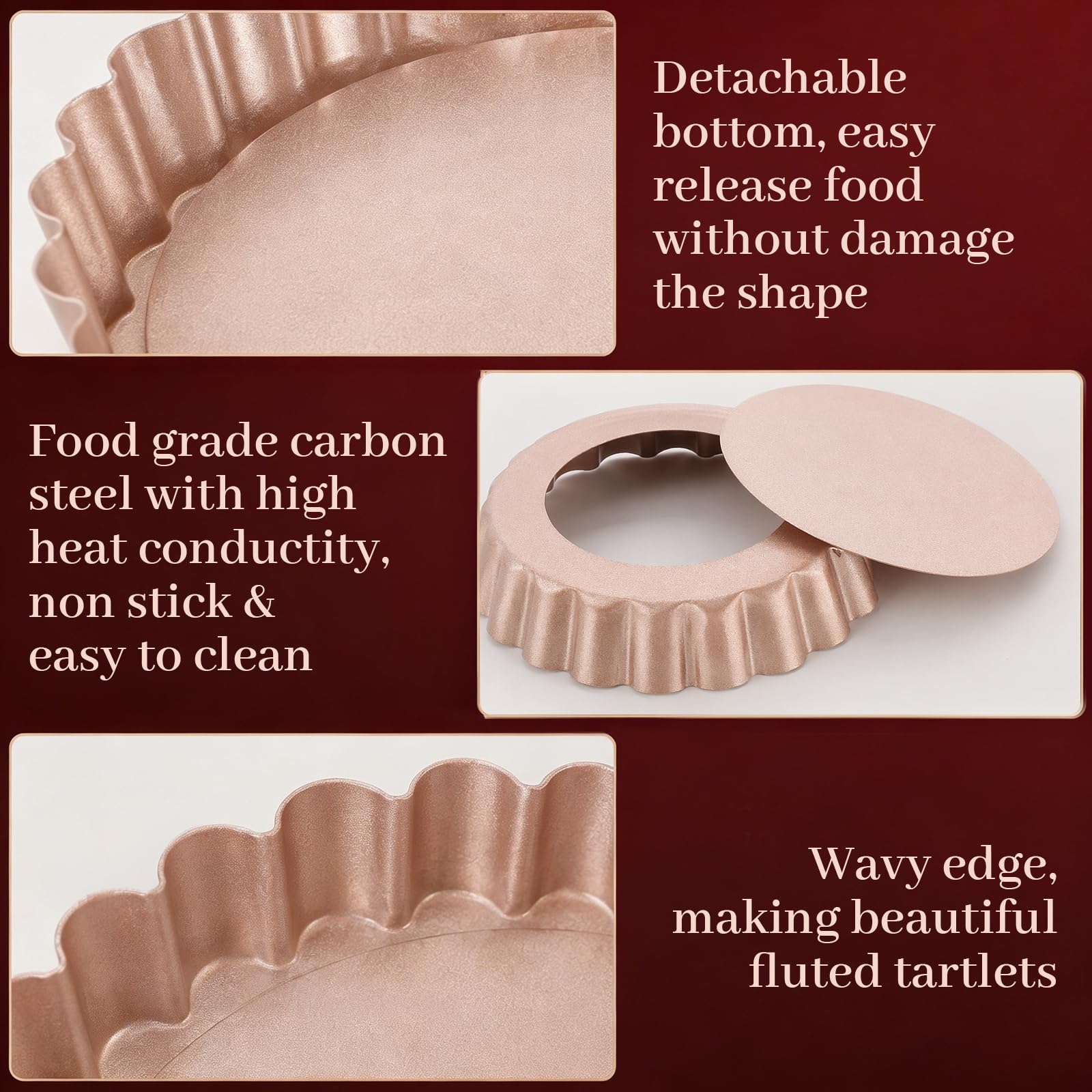 18 latas para tartas de 4 pulgadas con parte inferior extraíble, antiadherentes de acero al carbono, mini latas de tartaleta estriadas para hornear, latas pequeñas para quiche, tartas