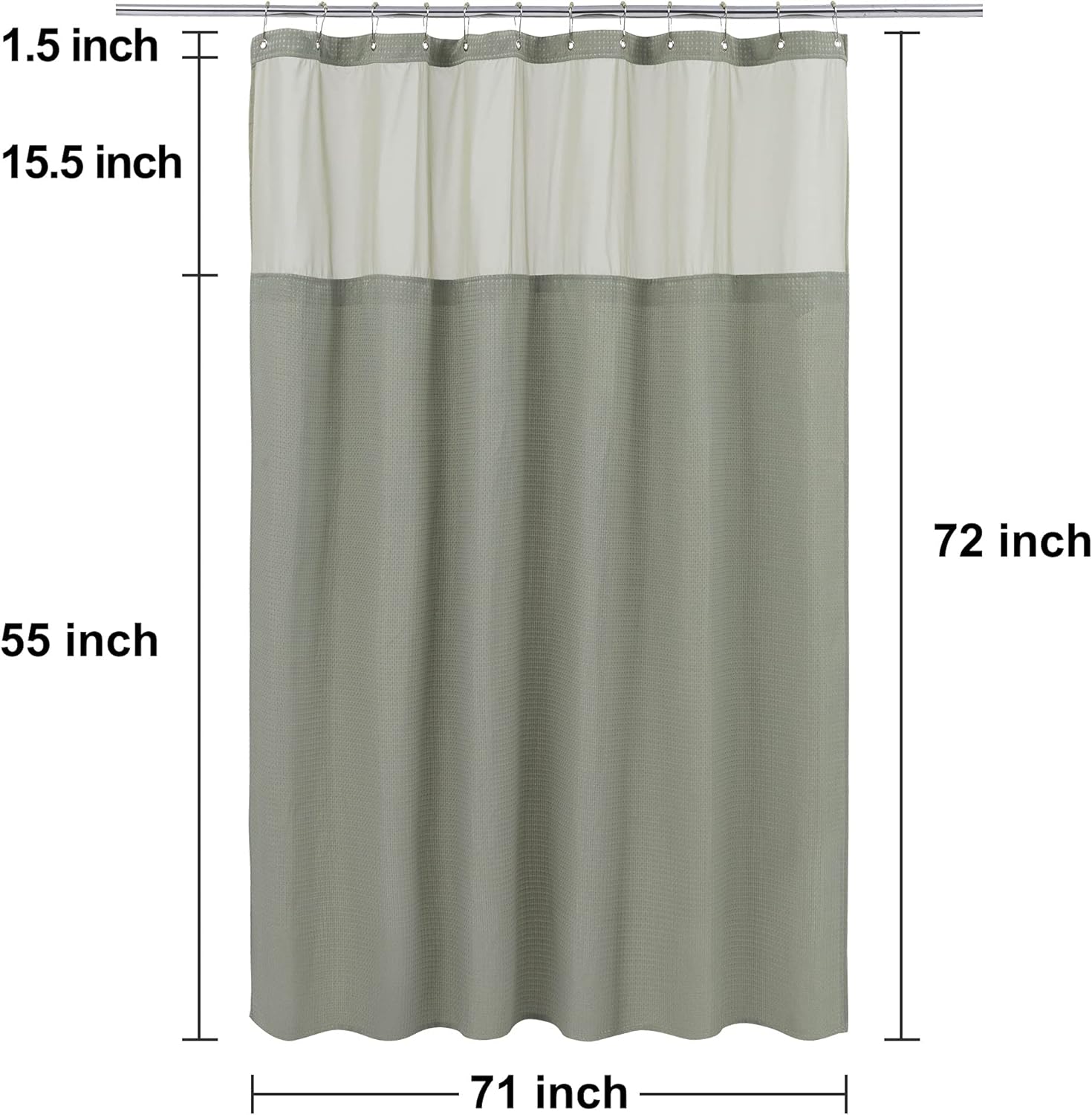 N&Y HOME Waffle Weave Shower Curtain with Snap-in Fabric Liner & Hooks Set - Hotel Style, Waterproof & Washable, Heavyweight Fabric & Mesh Top Window - 71x72, Sage Green