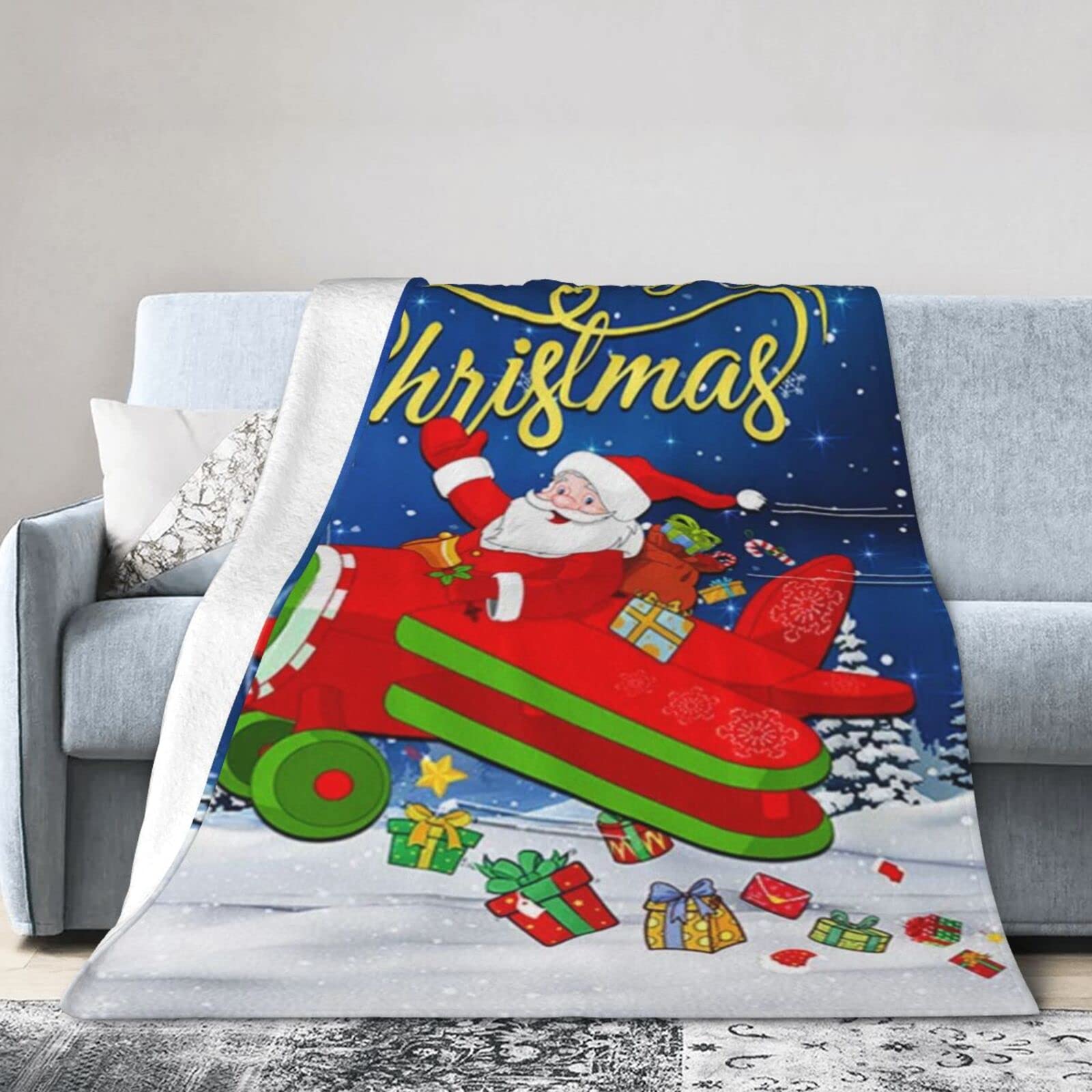 Lsjuee Christmas Flannel Fleece Blanket 50"X40" Santa Claus Santa in Plane Bed Throw Blanket Weighted Ultra-Soft Travel Winter Blankets for Adult Keep Warm