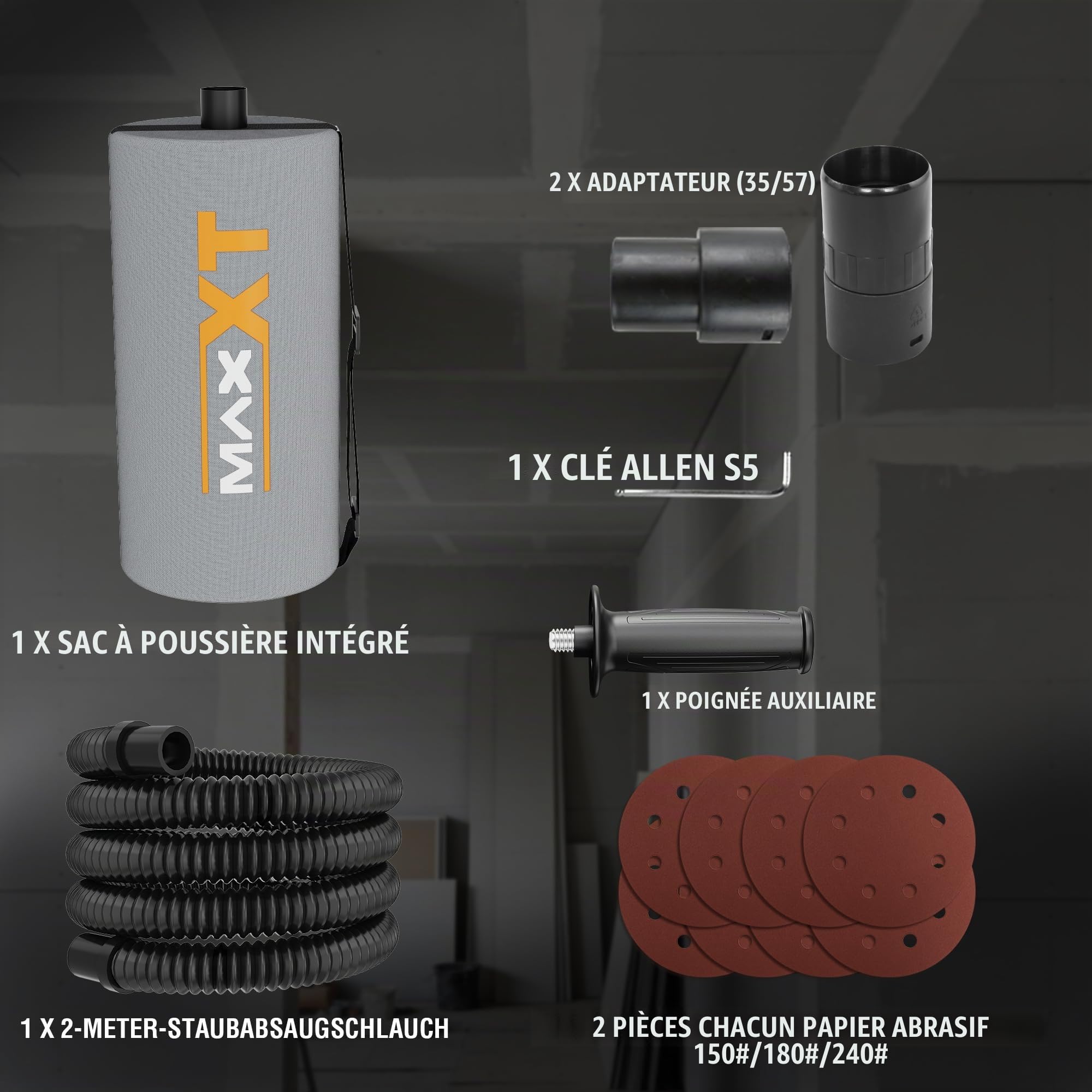 MAXXT Ponceuse manuelle pour cloison sèche, 1500-2700 tr/min, vitesse variable, 750 W, ponceuse électrique pour murs, aspiration réglable