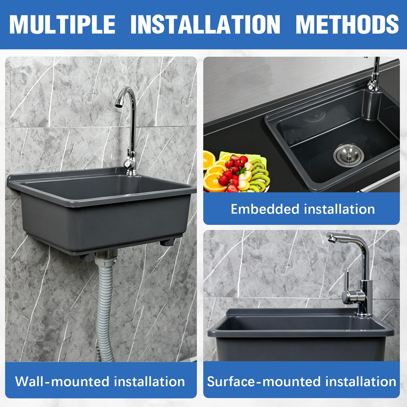 BRGD Fregadero de Cocina de un Solo Cuenco, 43 x 32.5cm Lavabo de Pared con Grifo de Aluminio para Agua Fría y Caliente, Bandeja Antigoteo y Kit de Montaje para Restaurantes