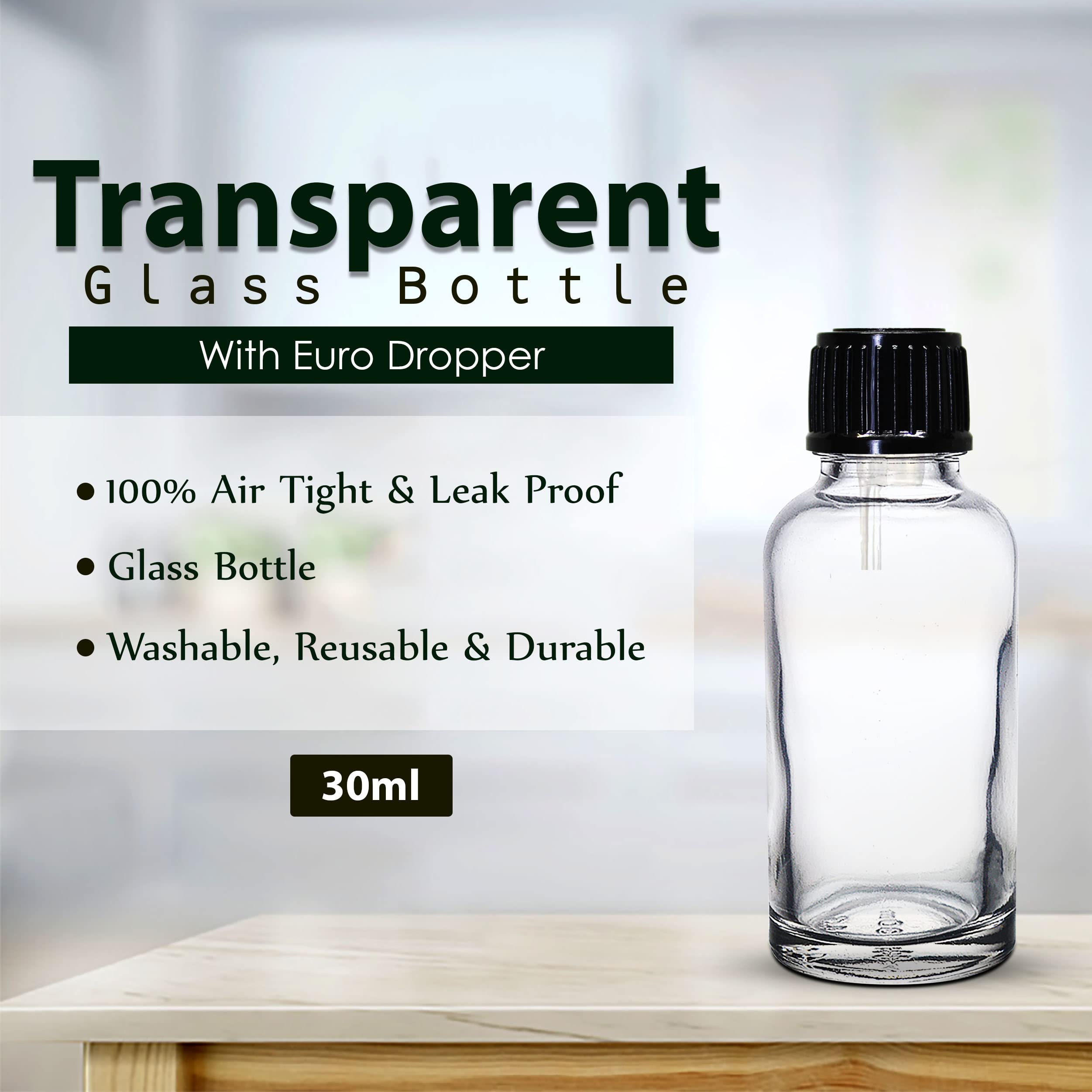 nsb herbals 30 ML Clear/Transparent Round Empty Glass Bottle + Euro Dropper + Black Cap, Refillable, Leak Proof For Essential Oils, DIY Perfumes (Pack of 6) - Image 3 thumbnail