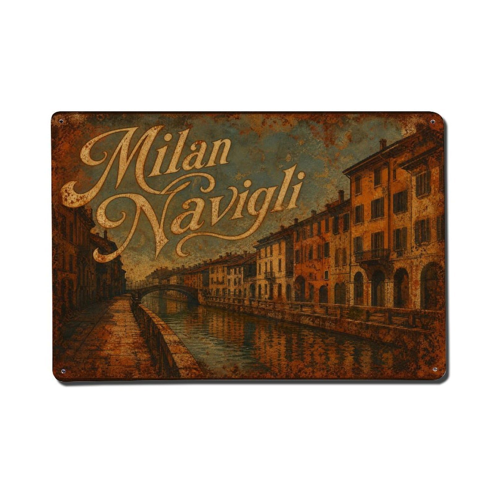Huiyhb 8X12inch(20X30cm) Vintage Travel Milan Navigli Romantic Waterfront Italy Metal Tin Sign