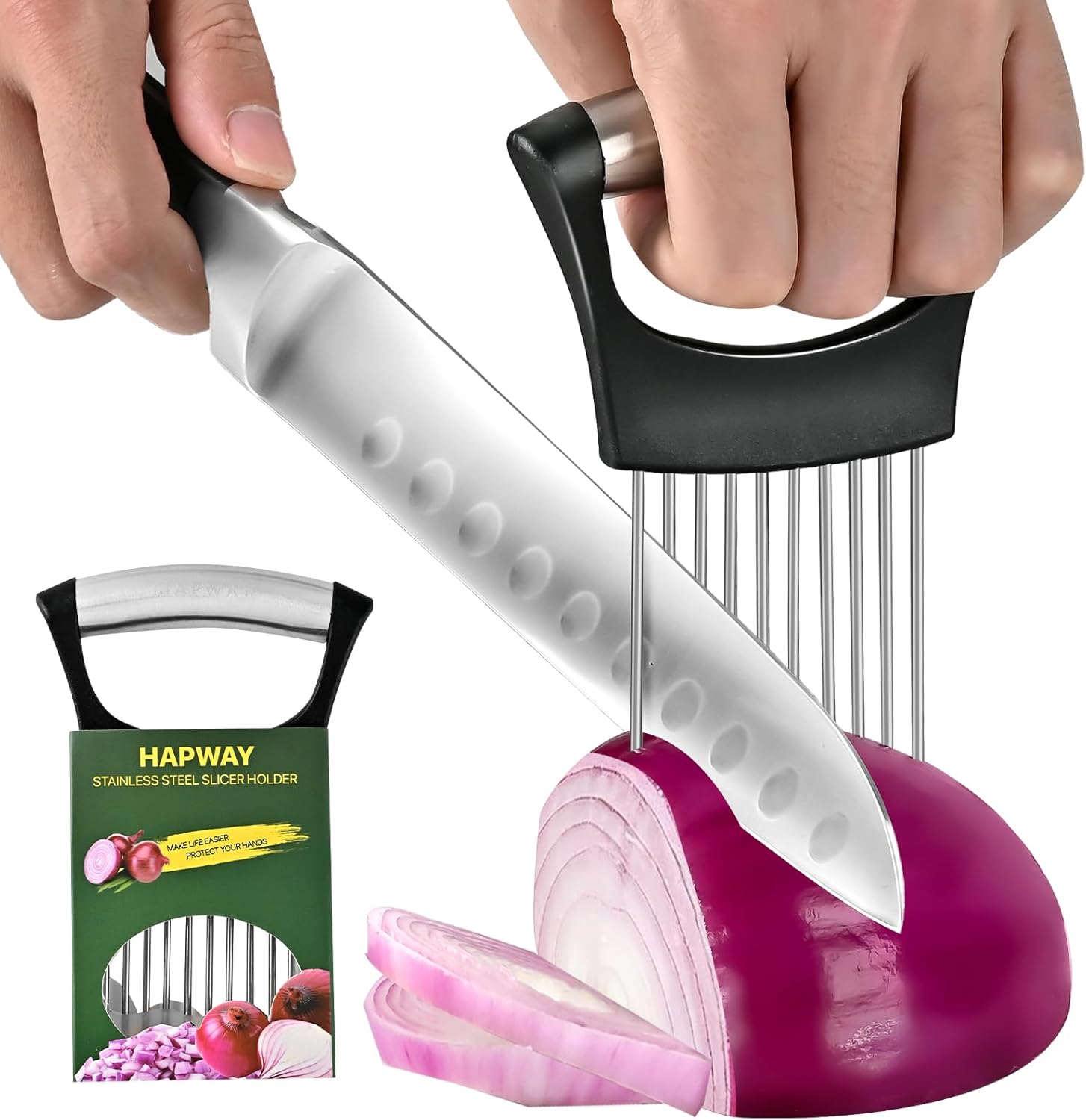 【2 PCS】Onion Slicer, Onion Holder for Slicing – Stainless Steel Vegetable & Fruit Cutter for Onions, Tomatoes, Potato, Avocado, Lemon, Eggs, Meat | Kitchen Chopper Gadget with Neat Guide & Tenderizer