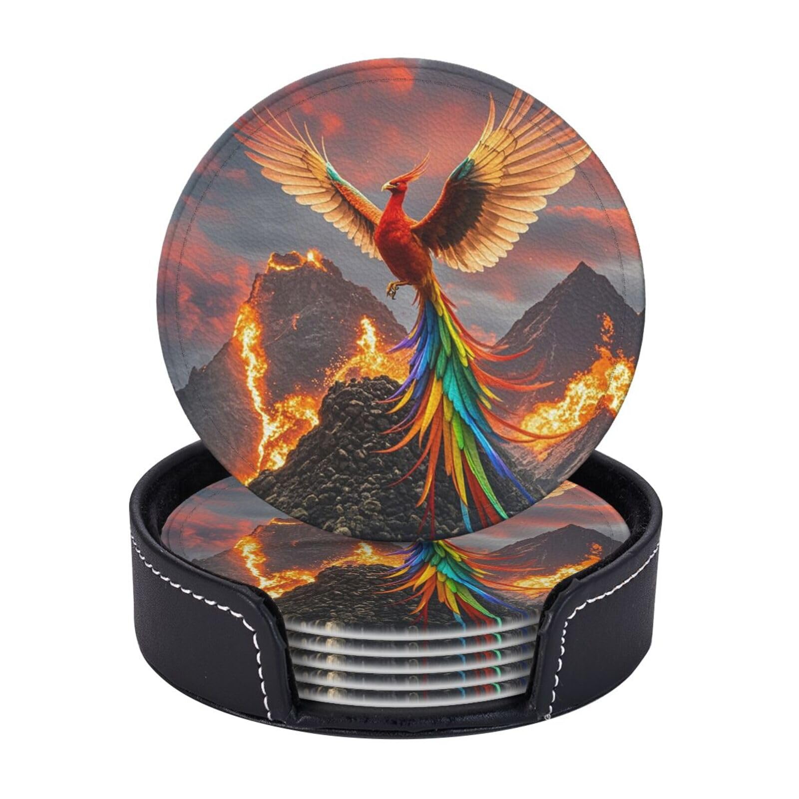6Pcs PU Leather Coaster for Drinks, Phoenix and Fire Cup Coasters with Holder, Aesthetic Drink Coasters for Coffee Table, Round Coaster for Tabletop Protection 4" Cup Mat Pad