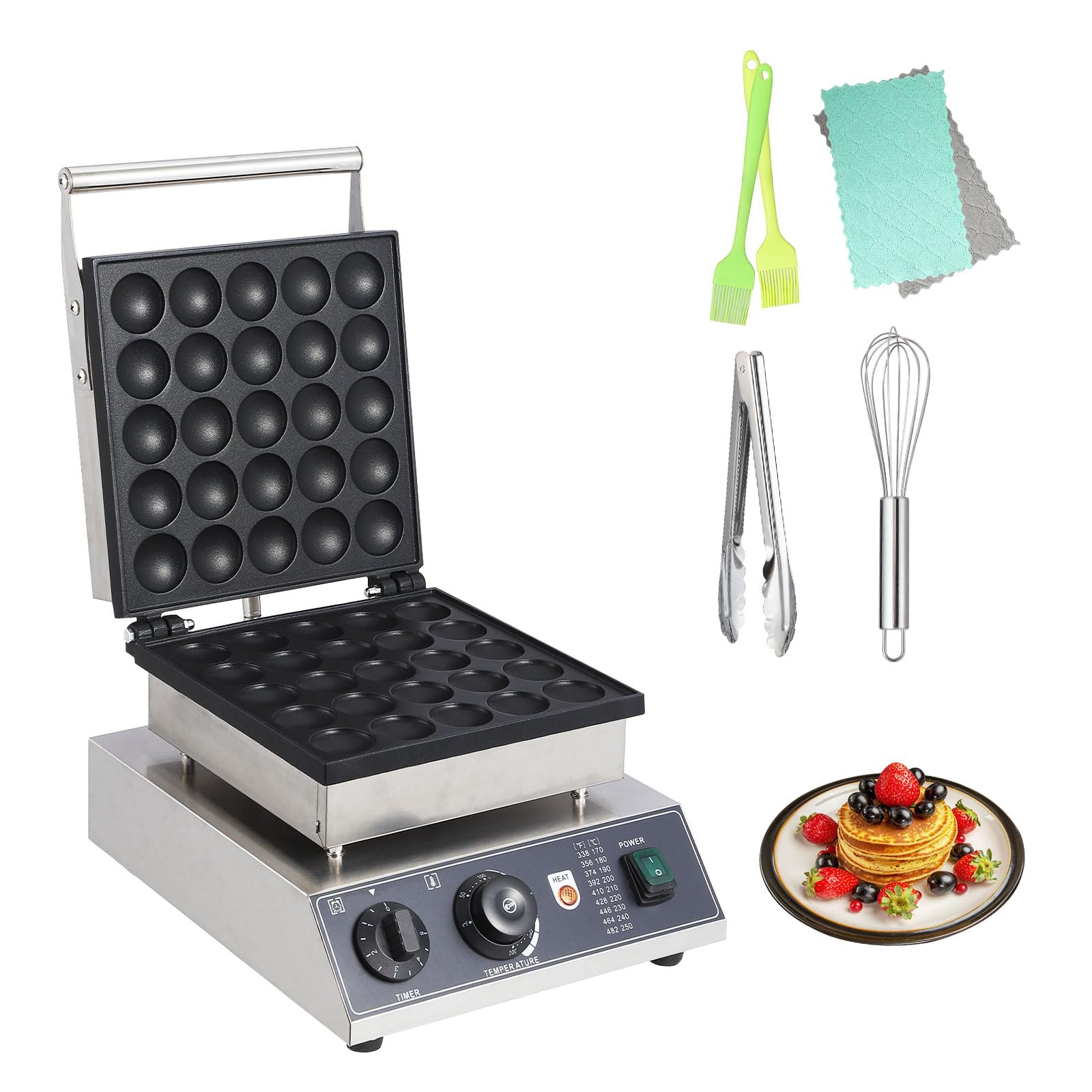 Commercial Round Muffin Maker 25 Hole Flip Top Non-Stick Waffle Maker Stainless Steel 110V Temperature and Time Control Heart Belgian Waffle Maker Ideal for Restaurant, Snack Bar and Home Use