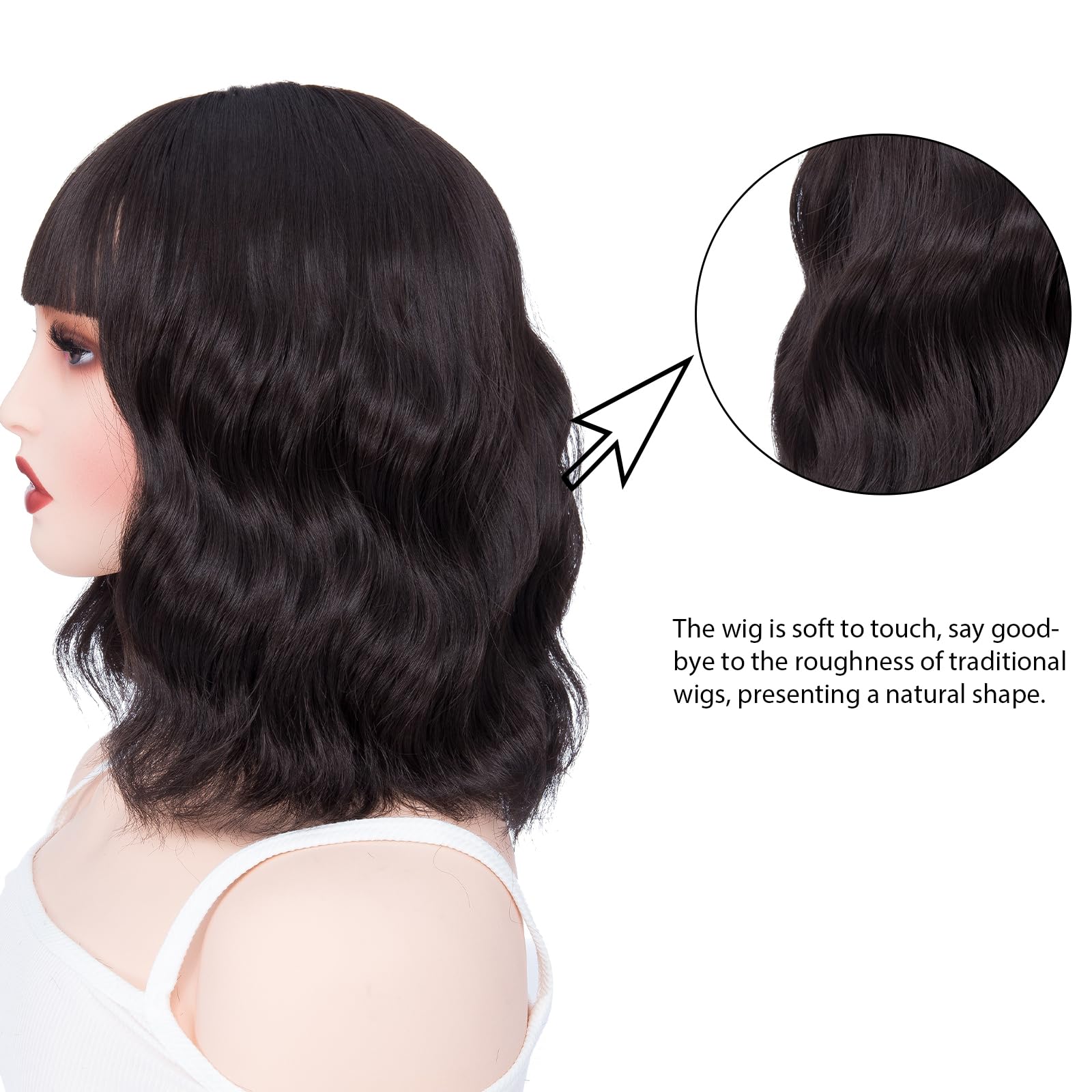 BUYOGET Wavy Bob Wig with Bangs Dark Brown Synthetic Hair Shoulder Length 12 Inch Short Curly Wigs for Women - Image 3