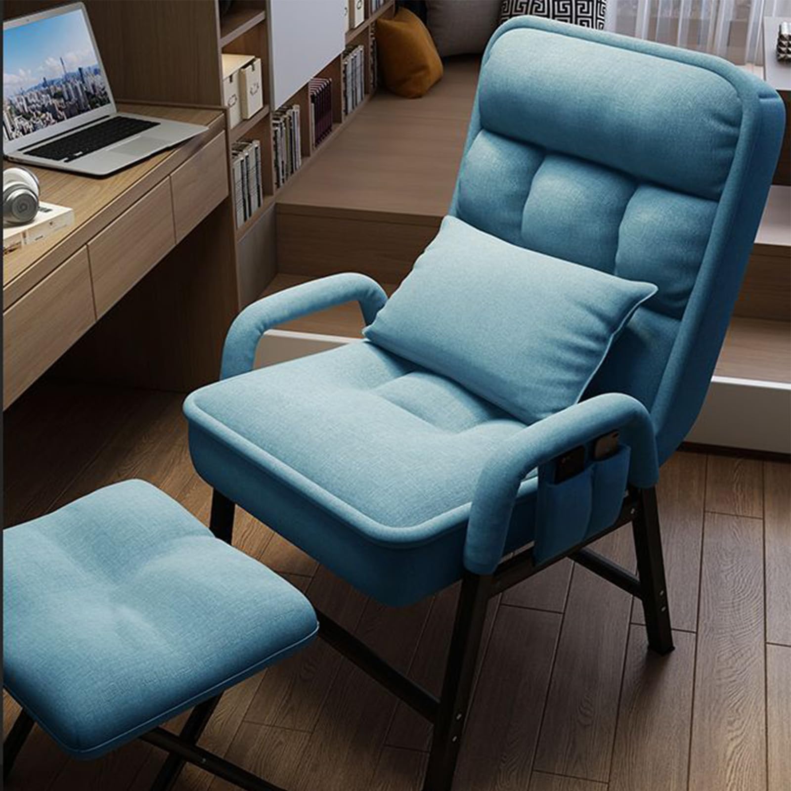 6 Position Adjustable Backrest Lounge Lazy Chair with Metal Frame - Comfy Reading Sofa Chair with Footstool and Side Pockets for Bedroom Living Room