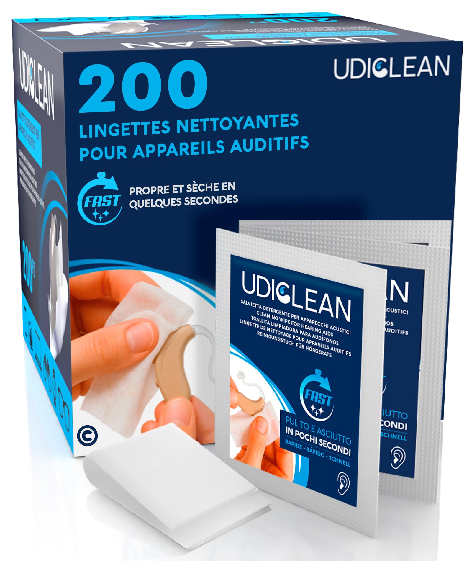 200 Lingettes Humidifiées Udiclean Lingettes à Séchage Rapide - pour Appareils Auditifs Implants Cochléaires Éliminent Graisse Sueur Saleté - Emballées Individuellement