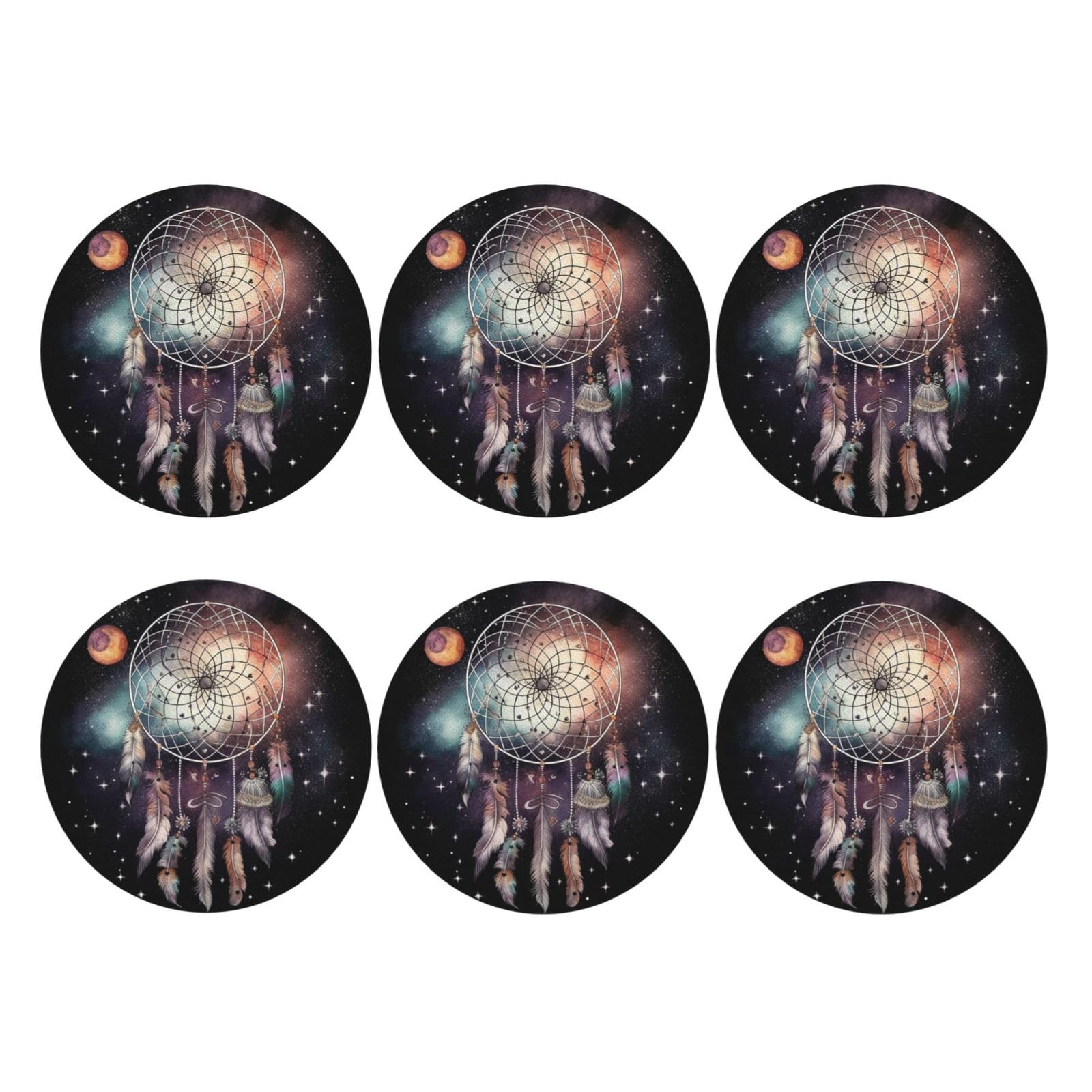 6pcs Leather Coasters for Drinks, Dream Catcher and Stars Drink Coasters for Tabletop Protection, 4" Cup Coasters for Coffee Table Decor, Non-Slip Drinking Cup Mat for Hot Or Cold Drink