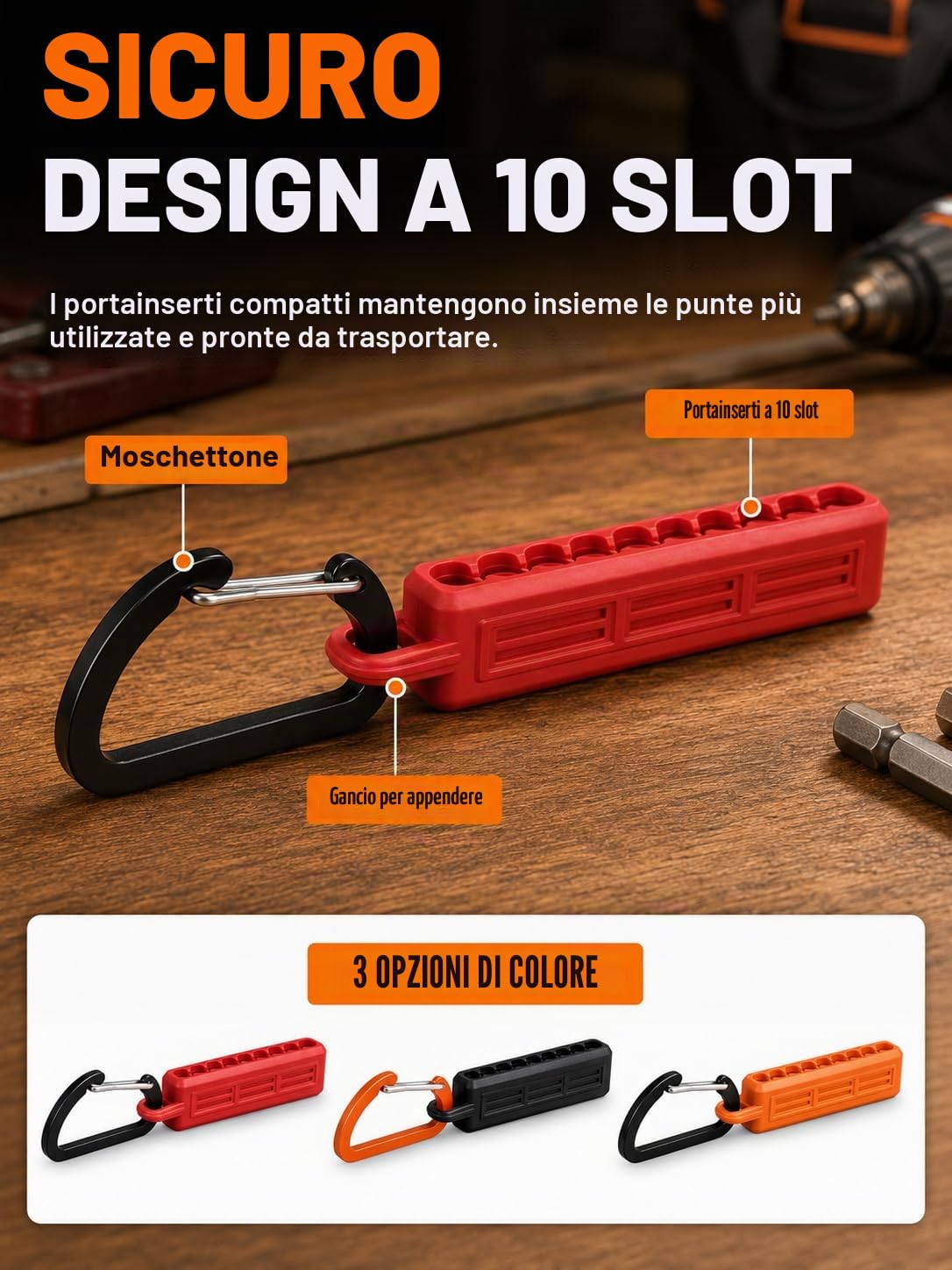 Porta Punte Trapano Vuoto, 6 Pezzi 10 Fori Organizer per Trapano Esagonale da 1/4", con Gancio a Clip, Striscia di Immagazzinaggio Punte in Gomma, Rapido Recupero e Conservazione