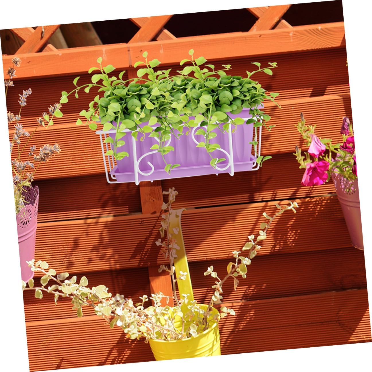 Rectangular Hanging Flower Pot with White Iron Bracket and Tray, Medium Vegetable Growing Planter Box for Outdoor Balcony Garden, Purple Plant Container for Vegetable and Flower