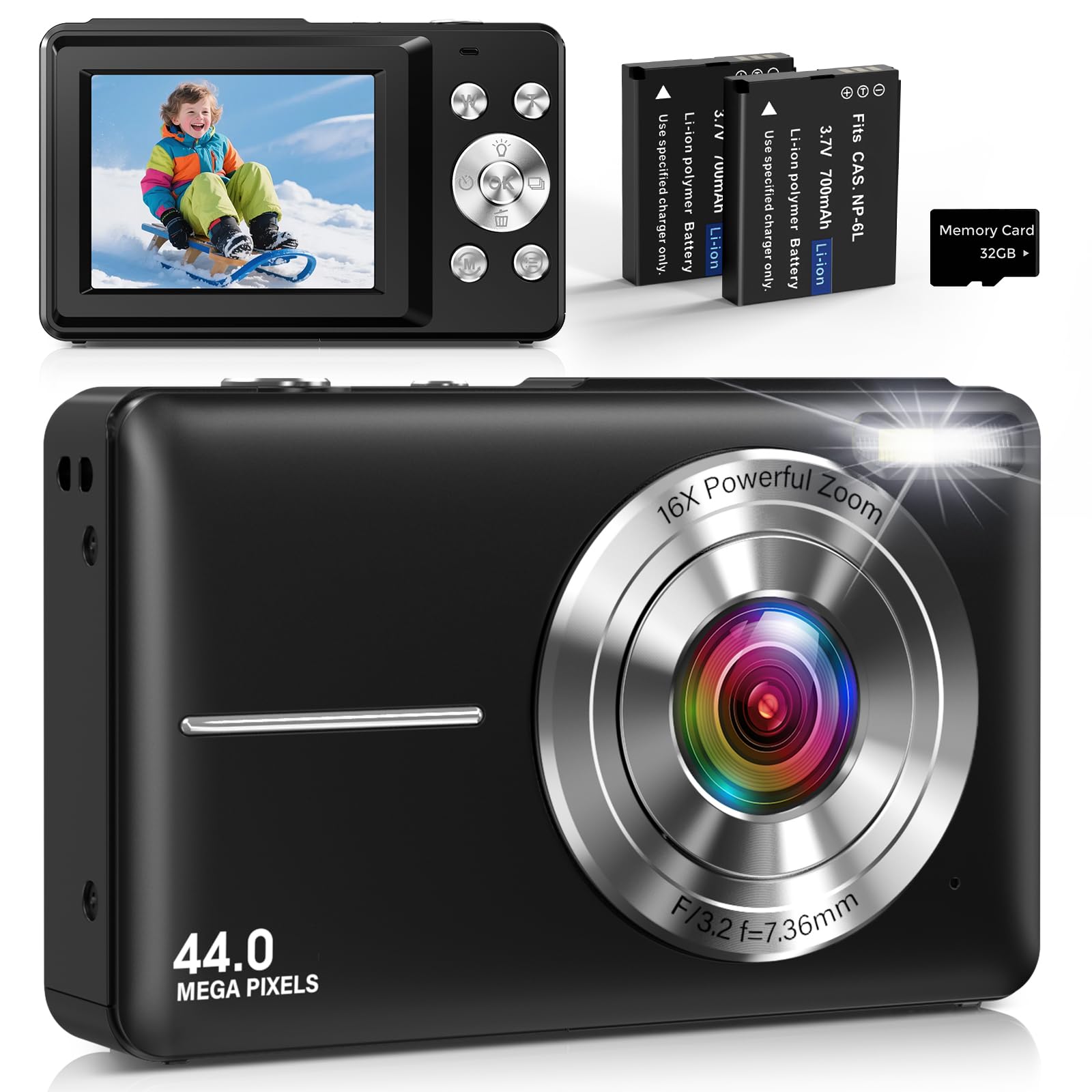 Digitalkamera Kompakte Kamera Fotokamera mit 44MP Foto, 1080P Video, 2,4 Zoll IPS Bildschirm, 16X Digitalzoom, 32GB TF-Karte, 2 Batterien, Geeignet für Jugendliche & Jungen, Mädchen Schwarz