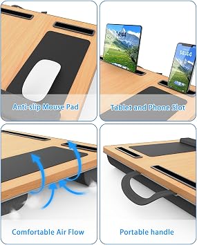 HETTHI Laptop Lap Desk, Portable Large Laptop Desk for Bed, Up to 17 in Lap Table with Wrist Rest, Mouse Pad, Tablet Phone Slot, Portable Handle, Cushion (Light Brown)