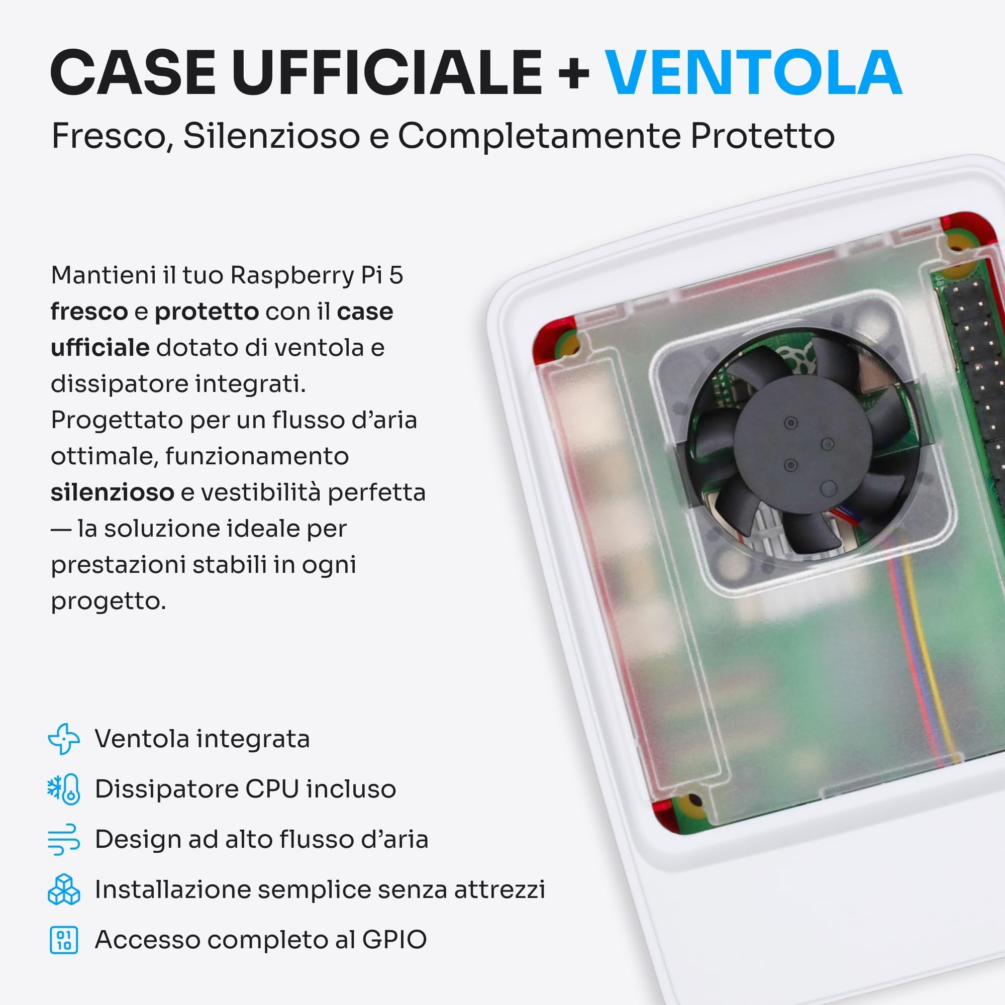 Starter Kit per Raspberry Pi 5 8 GB | Scheda MicroSD 64 GB | Alimentatore 27 W | Case con Ventola Integrata e Dissipatore di Calore | Cavo Micro-HDMI 4K 60 Hz