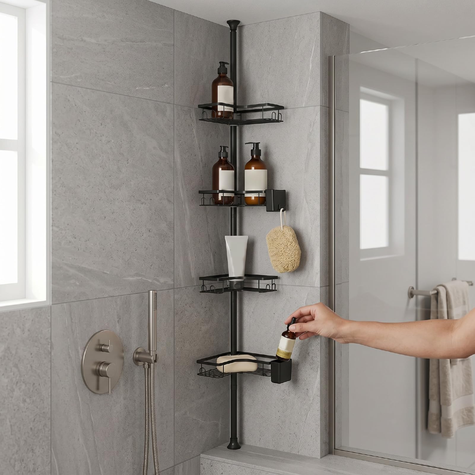 GOWENIC Mensola Angolare per Doccia, Asta di Tensione, a 4 Livelli, Antiruggine, Organizer per Bagno, Senza Trapano, Altezza Regolabile, per la Famiglia degli Affittuari, Senza Attrezzi