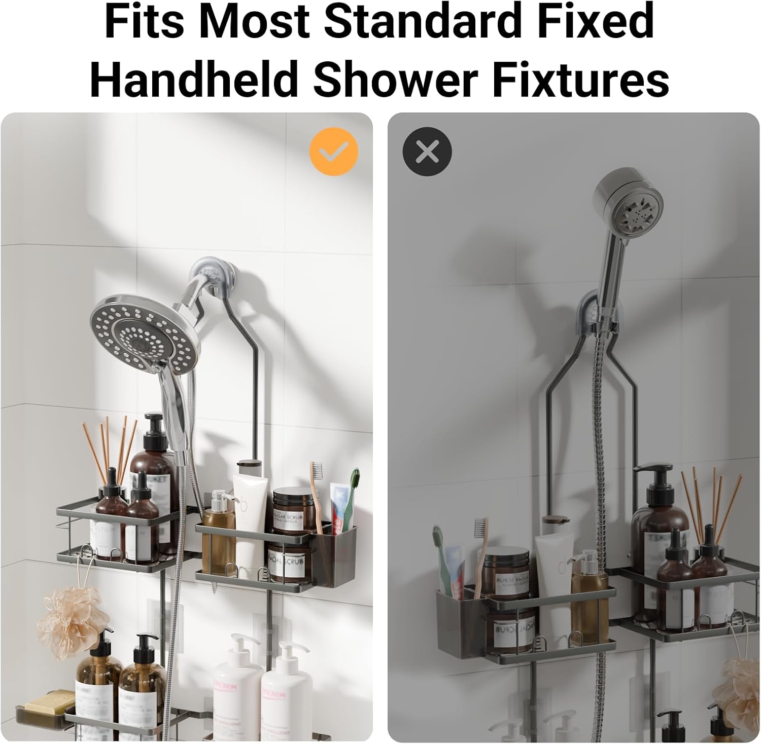 Adjustable Shower Caddy Hanging Rustproof Shower Caddy for Handheld Showerheads, Shower Organizer with Hooks Soap Holder, Anti-Swing Shower Rack Bathroom Accessories (Grey)