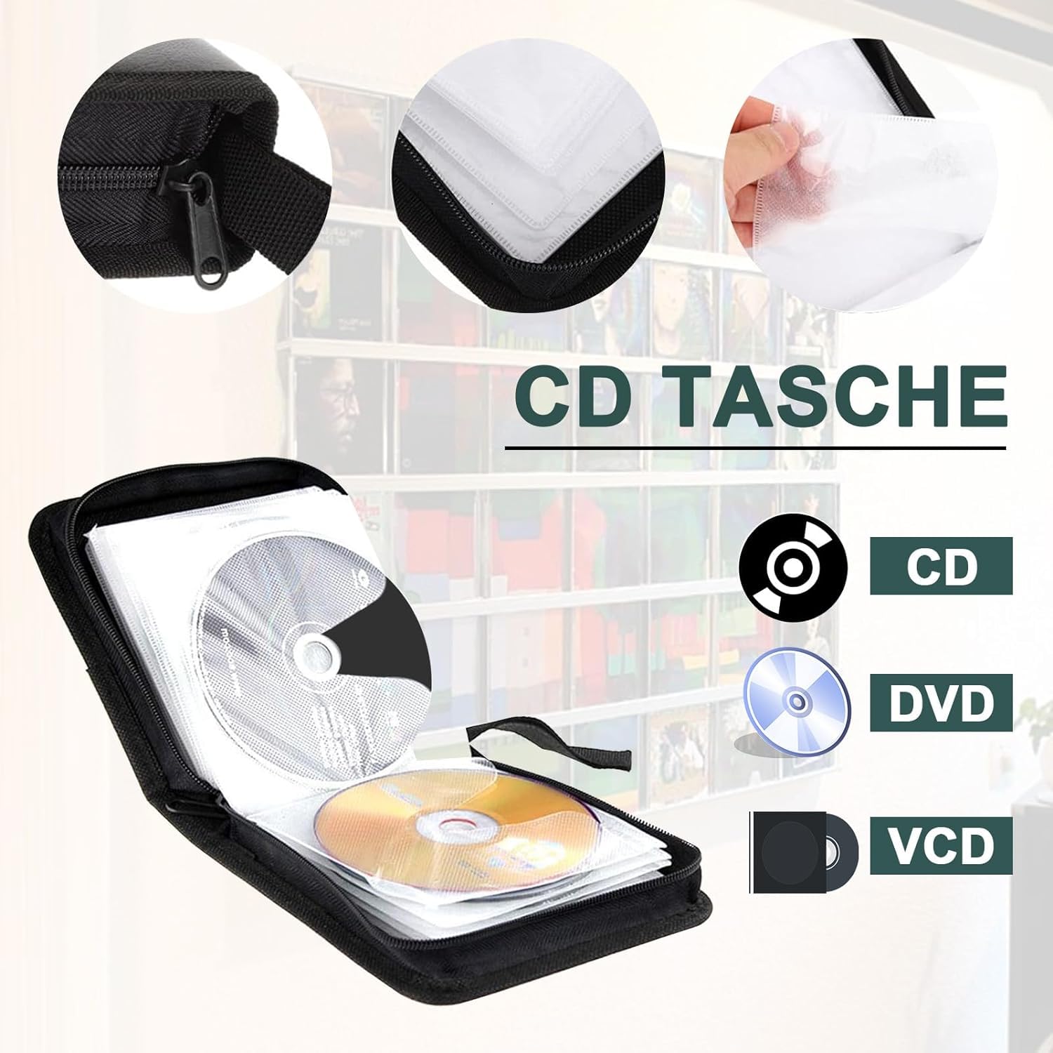 Sac de Rangement CD pour 40 Disques CD DVD, Voiture et Maison, Vert