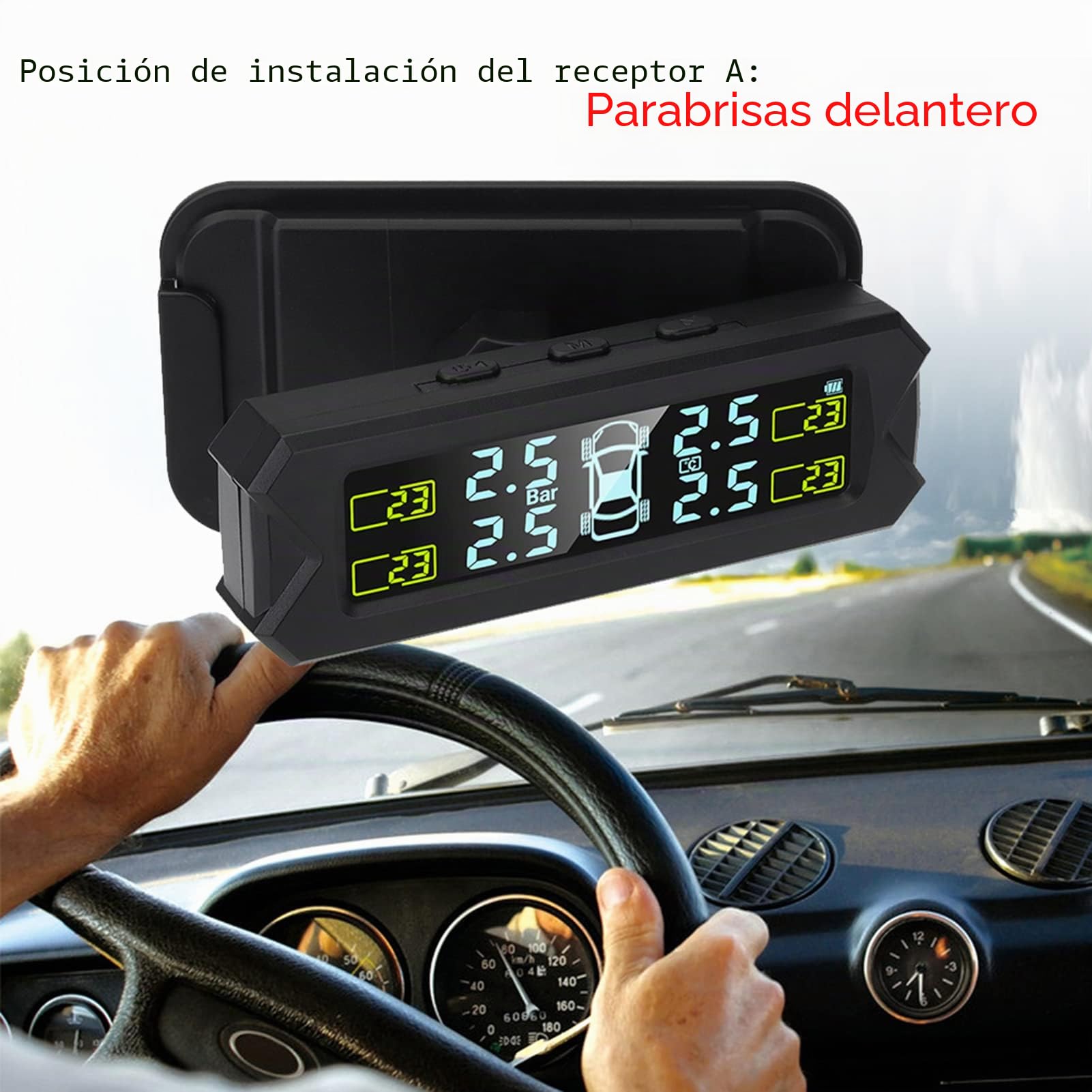 Shkalacar USB/Solar TPMS 0-81 PSI Sistema de Control de Presión de Neumáticos con 4 Sensores, 5 Modos de Alarma, Pantalla LCD con Retroiluminación Automática para Coche Sedán SUV MPV (Interno)