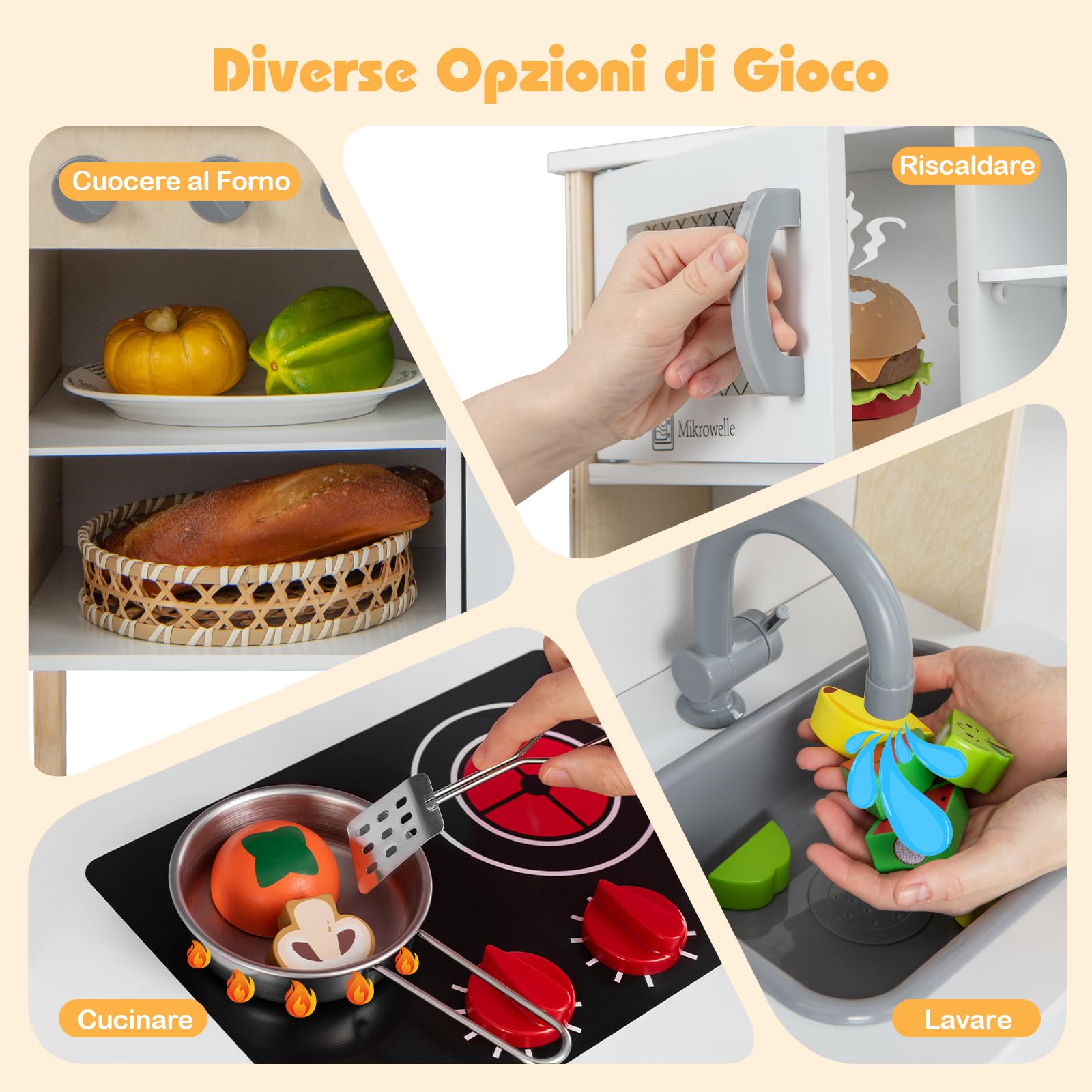 GYMAX Cucina Giocattolo per Bambini, Set da Cucina in Legno Imitazione con Lavello Rimovibile, Cappa da Cucina e Fabbricatore di Ghiaccio, 18 Accessori Completi, per Bambini da 3 a 6 Anni (Bianco)
