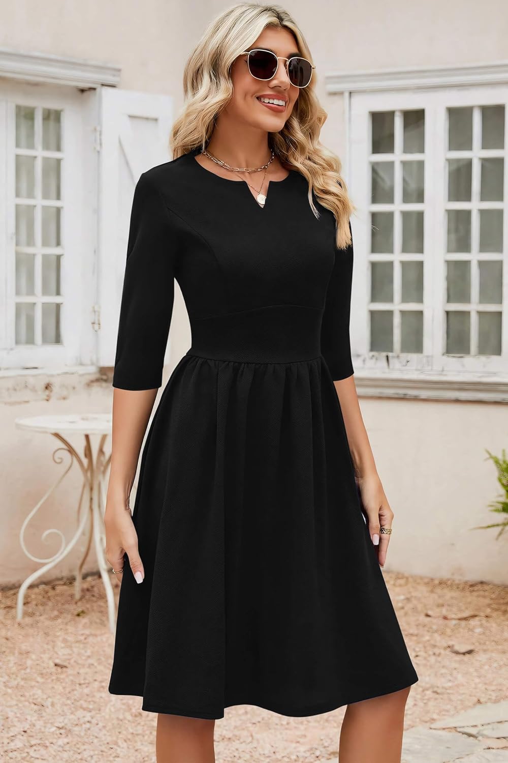 Nmoder Cocktail Dress 3/4 Sleeve Semi Formal Dresses Empire Waist A Line Church Dresses with Pockets Black 3XL - Image 5