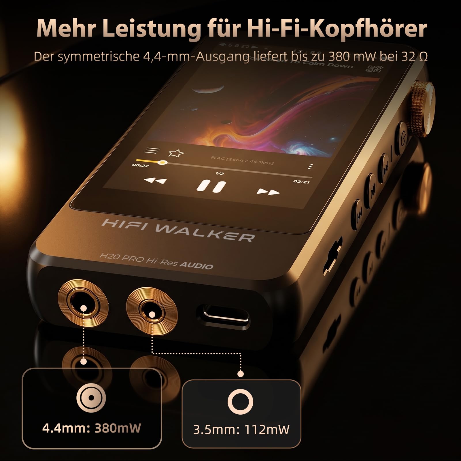 HIFI WALKER H20 Pro Hi-Res MP3 Player mit Bluetooth, 64GB microSD Karte, Lossless Musikplayer mit Dual ESS DAC, 4,4mm Balanced Ausgang, 3,2 Zoll Touchscreen, USB DAC, DSD FLAC WAV