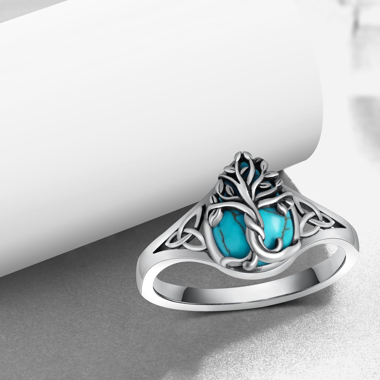 Genuine Turquoise Rings for Women 925 Sterling Silver Tree of Life Ring Vintage Western Nature Gemstone Real Turquoise Jewelry for Women