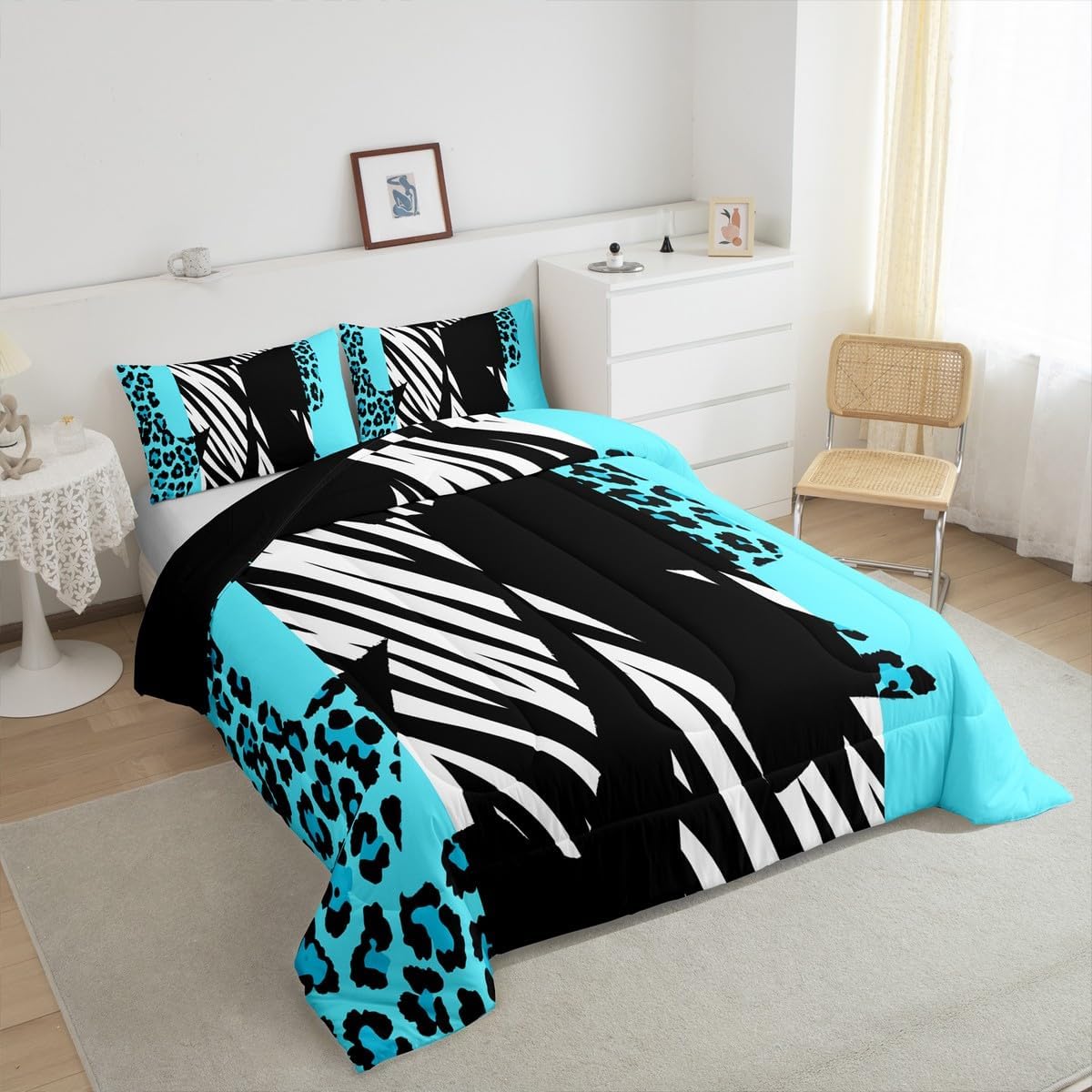 Manfei Leopard Bow Comforter Set Toddler Size 2 Pcs,Cute Bowknot Princess Style Bedding Set,Light Blue Zebra Cheetah Fur Print Stripes Safari Quilt Set for Child Bedroom,1 Pillowcase