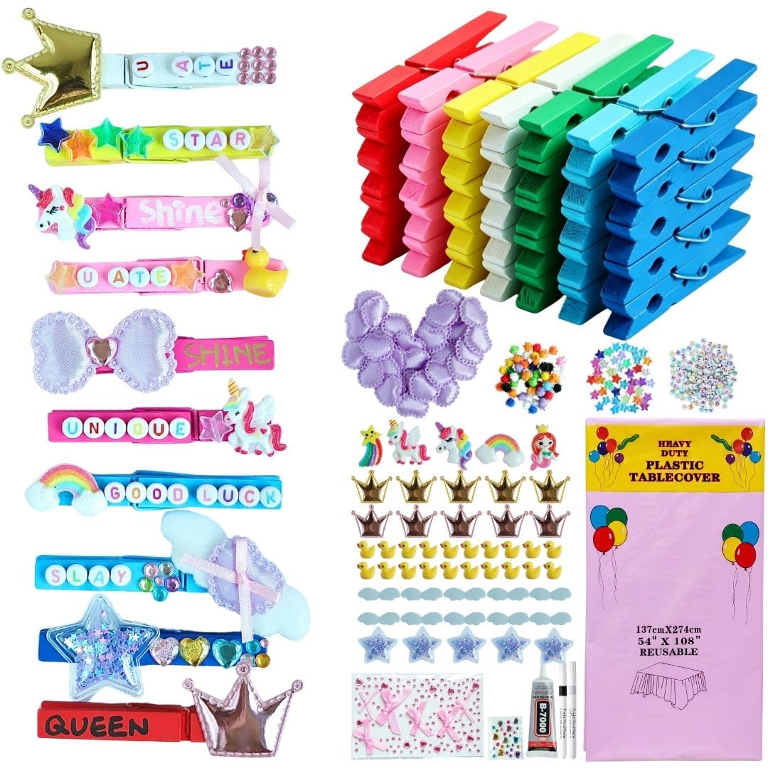Cheer Pins Spirit Clip Kit 80 Colored Wooden Clothes Pins 200 Mini Charms Bows Gem Stickers 300 Letter Beads Pens and Disposable Tablecloth Cheer Pin Decor for Cheerleading Backpack Ribbon Gift Bulk