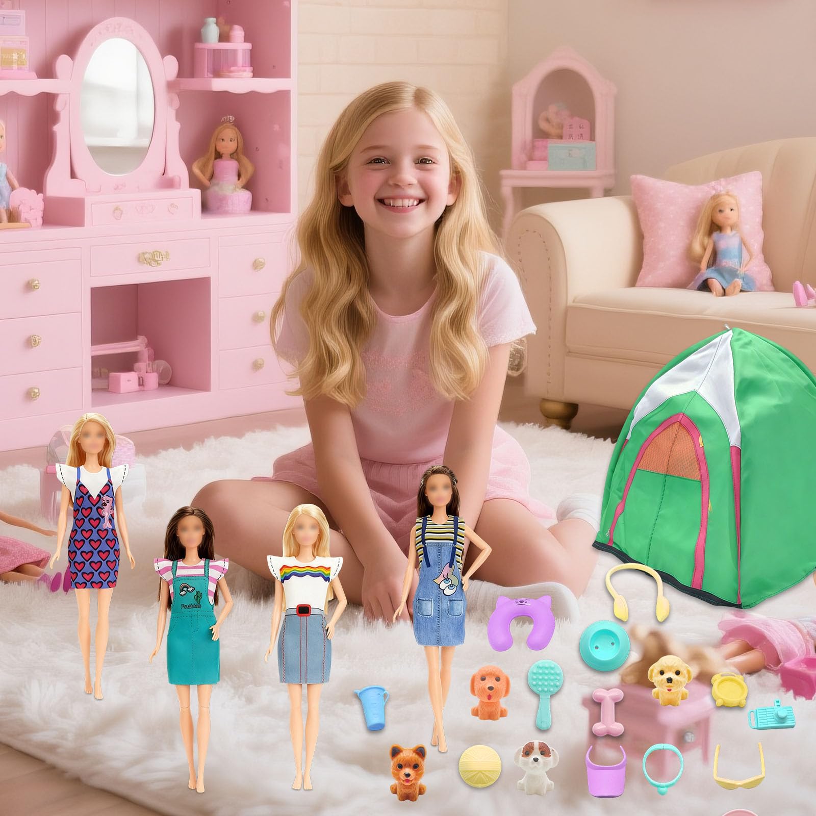Set di 43 tende da campeggio da viaggio compatibili con Barbie, accessori per bambole da 29,9 cm con 1 tenda per bambola, 4 abiti, 4 scarpe, 4 mini cucciolo, 7 animali domestici, 1 binocolo, 14
