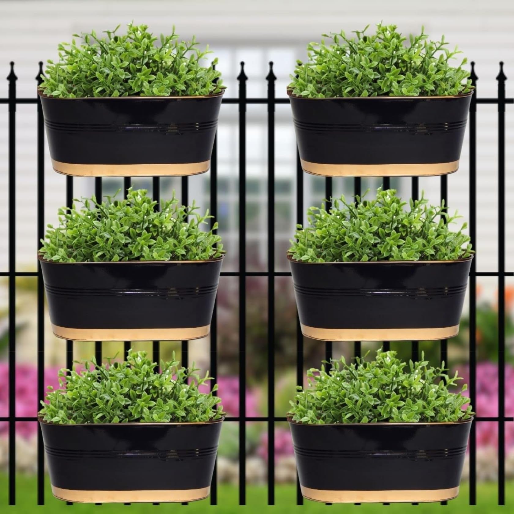 ecofynd 12 Inches Aurelia Railing Planters for Balcony, Hanging Pots for Plants, Wall Hanging Decorative Planters for Vertical Garden, Oval,12 inches, Pack of 6 (Black)