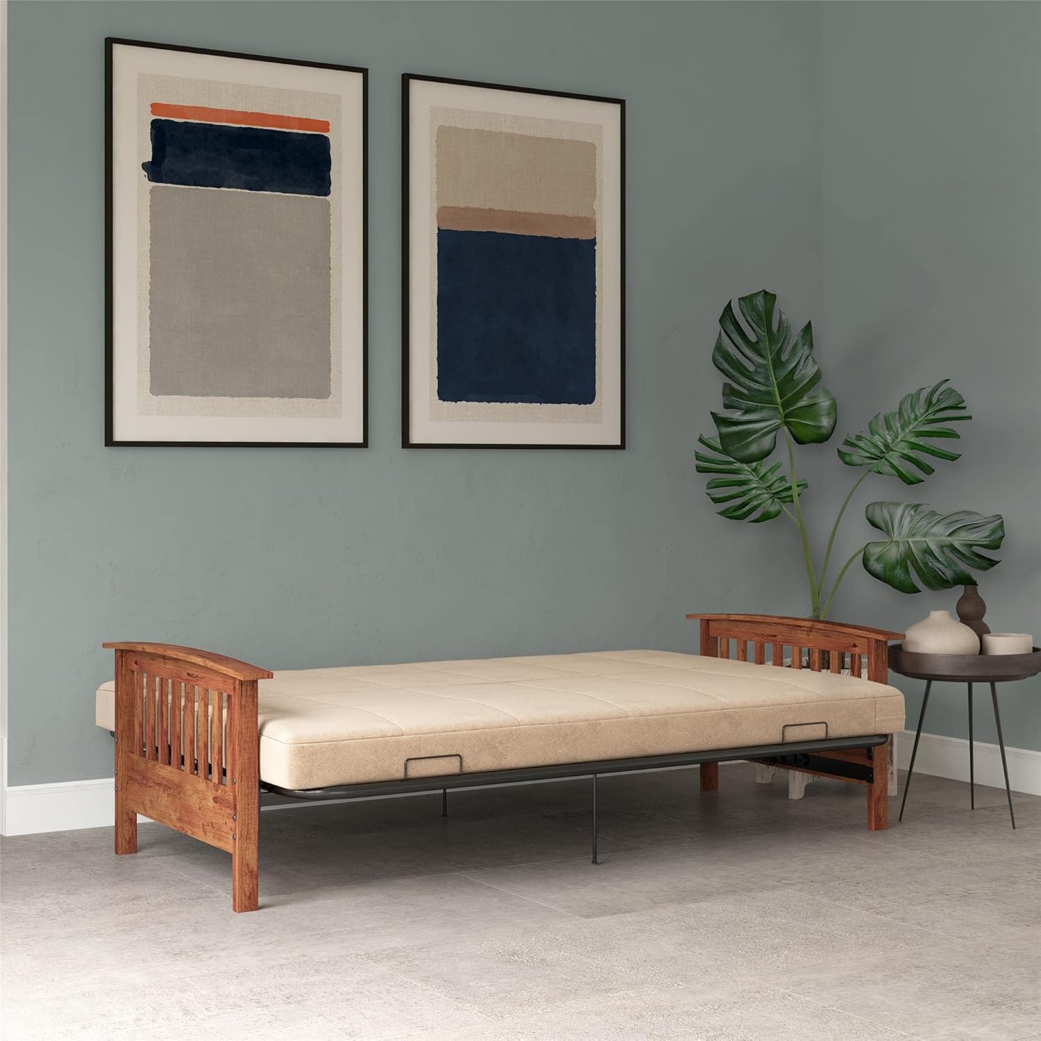 Gray Linen Reclining Futon with Dark Wood Arms and Metal Frame