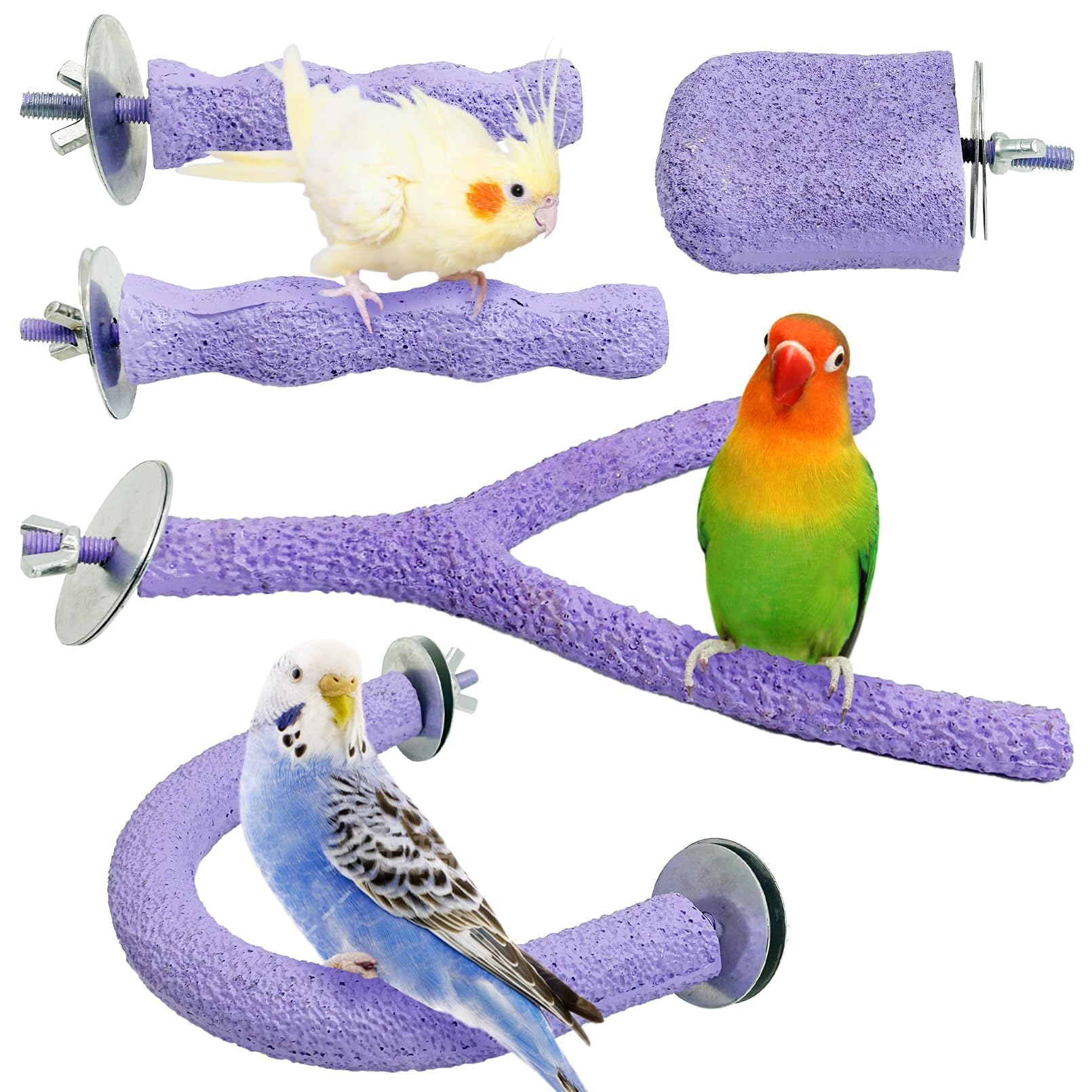 PINVNBY 5 Pack Bird Perch Resin Bird Beak Grinding Stone Parrot Cage Stand Platform Foot Claws Trimmer Chew Toy Cage Accessories for Budgie Cockatiel Conure Lovebird Finch (Purple)