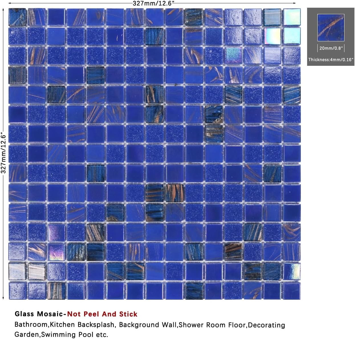 11.5 Sq.Ft Iridescent Cobalt Blue Glass Mosaic Tiles, 12.9" Sheets (10-Pack), Waterproof Mesh-Mounted for Swimming Pool & Shower Floor, Grout Required (Not Peel and Stick), 4mm Dark Blue