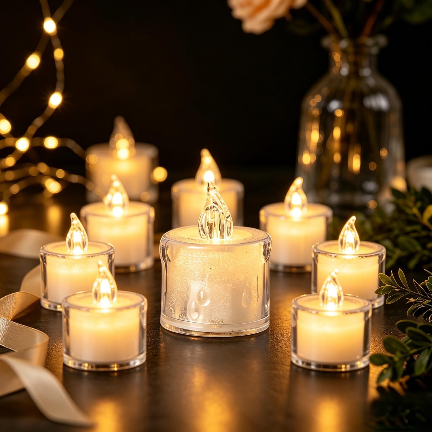 4-12 pcs Realistic and Bright Battery Operated Flameless LED Tea Lights Candles,Crystal Electric Fake Candles for Halloween Valentine's Day Weddings Christmas Party Festivals Decoration in Warm Yellow