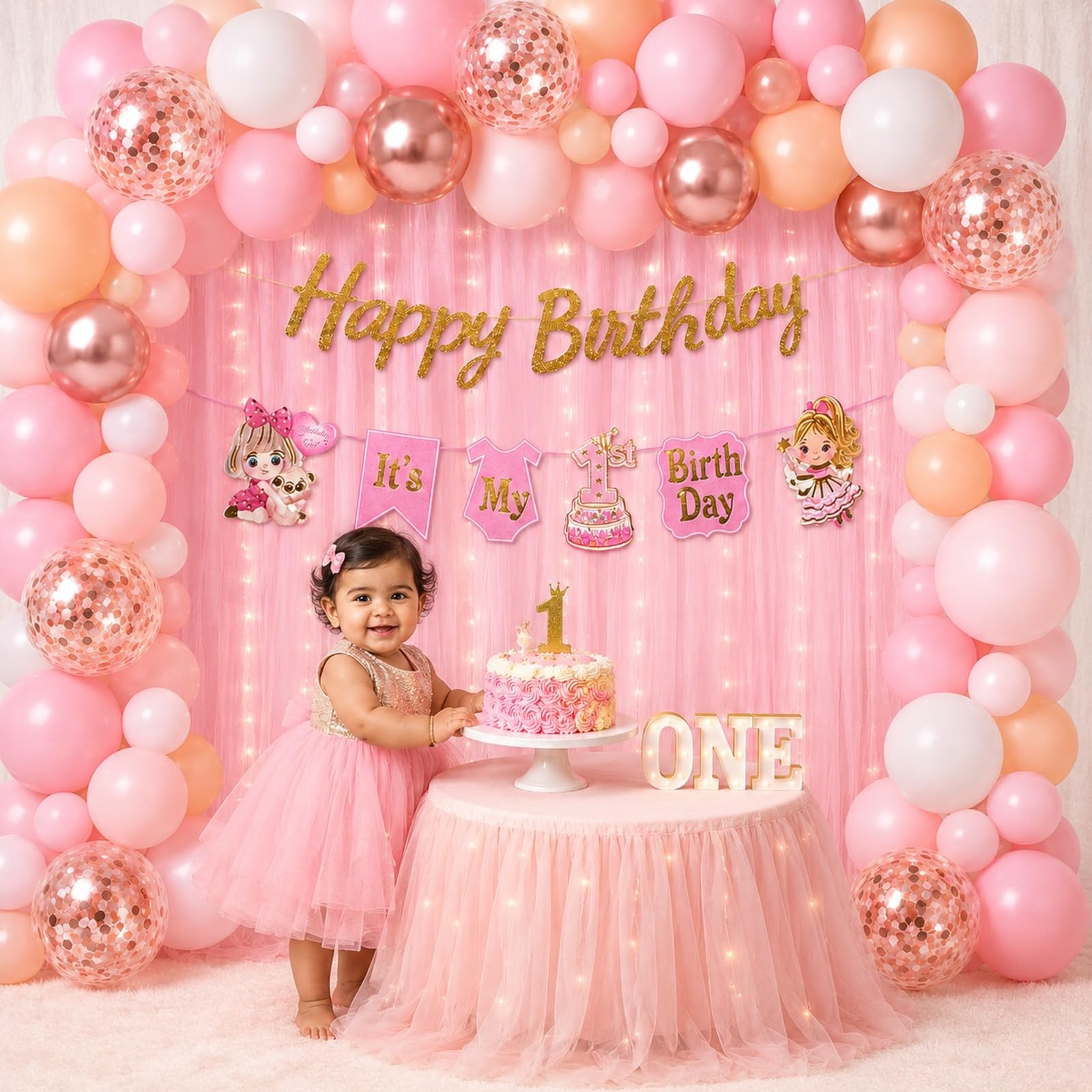 Baby Girl 1st Birthday Decoration Kit | Pink & Rose Gold Balloon Arch Garland, Happy Birthday Banner, Fairy Curtain Lights, Cake Smash Photo Backdrop for First Birthday Party Decor-image-12