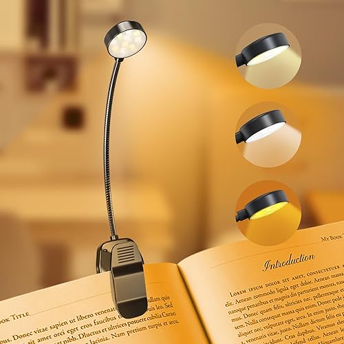 KTEBO Luz de lectura recargable para libros, luz LED para leer en la cama, cuidado de los ojos, brillo ajustable, 3 temperaturas de color, más de 20