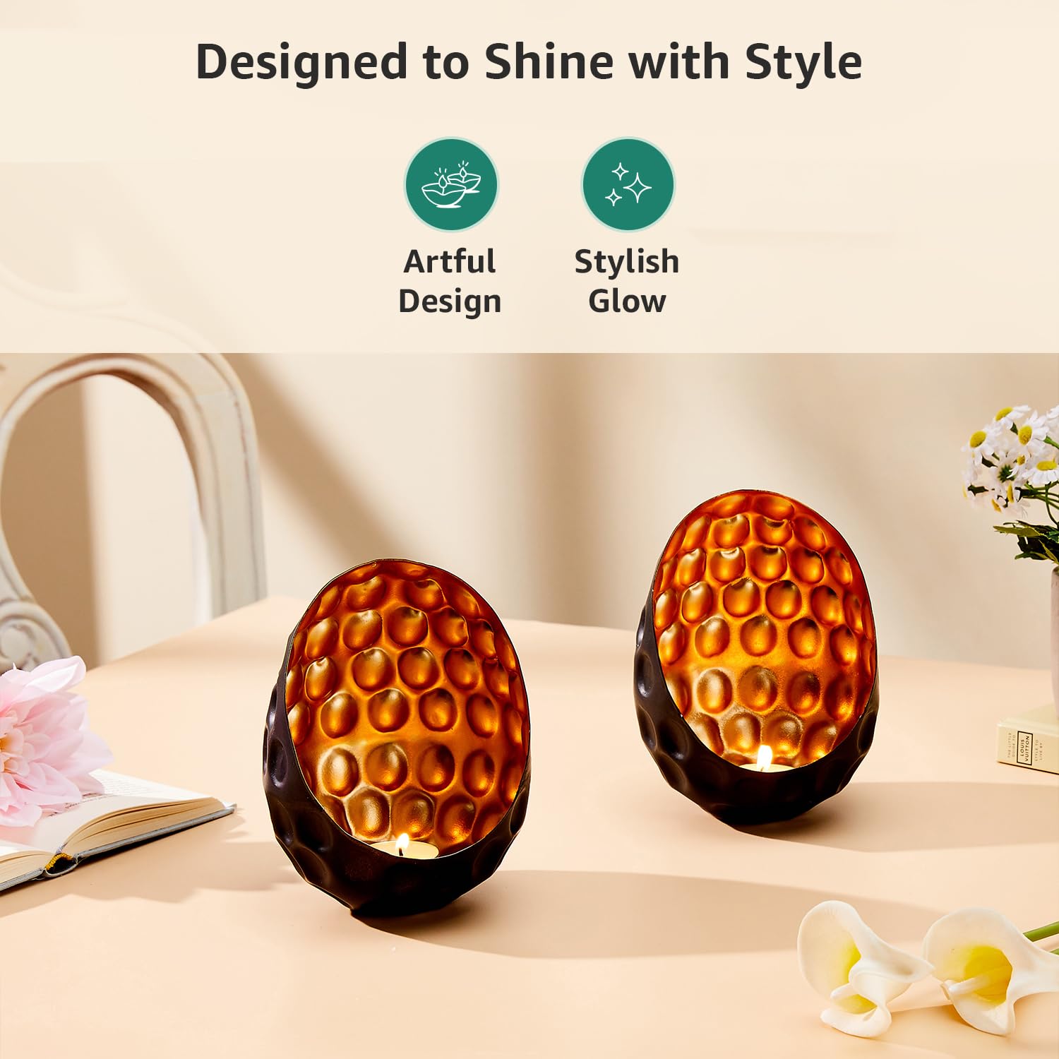 Amazon Brand - Solimo Tea Light Votive – Oval Diamond Design, Black Iron with Gold Interior, Set of 2 (Size: L-12 cm x W-11 cm x H-15 cm) 2
