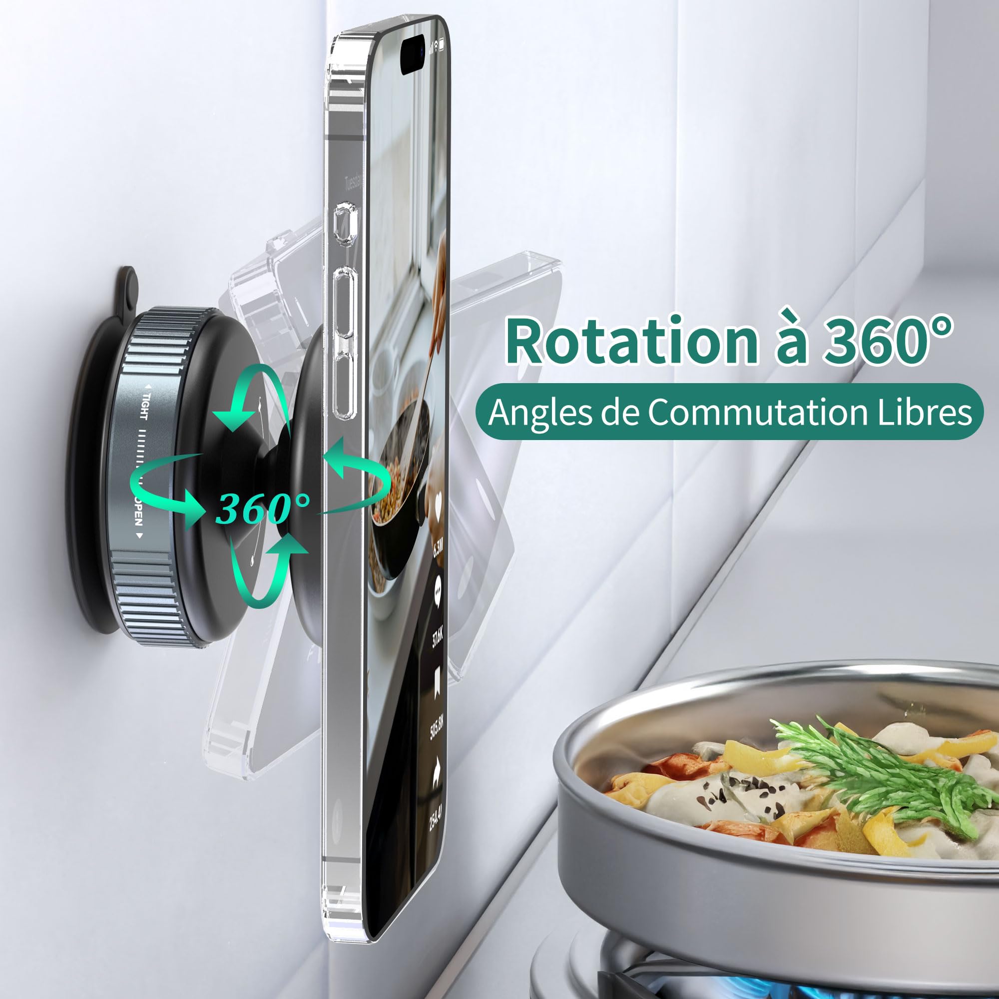 HomeMount Support de téléphone magnétique à ventouse rotatif à 360 °, convient pour iPhone 16/15/14/13/12 et Samsung sur des surfaces lisses telles que les miroirs, le verre, les rétroviseurs