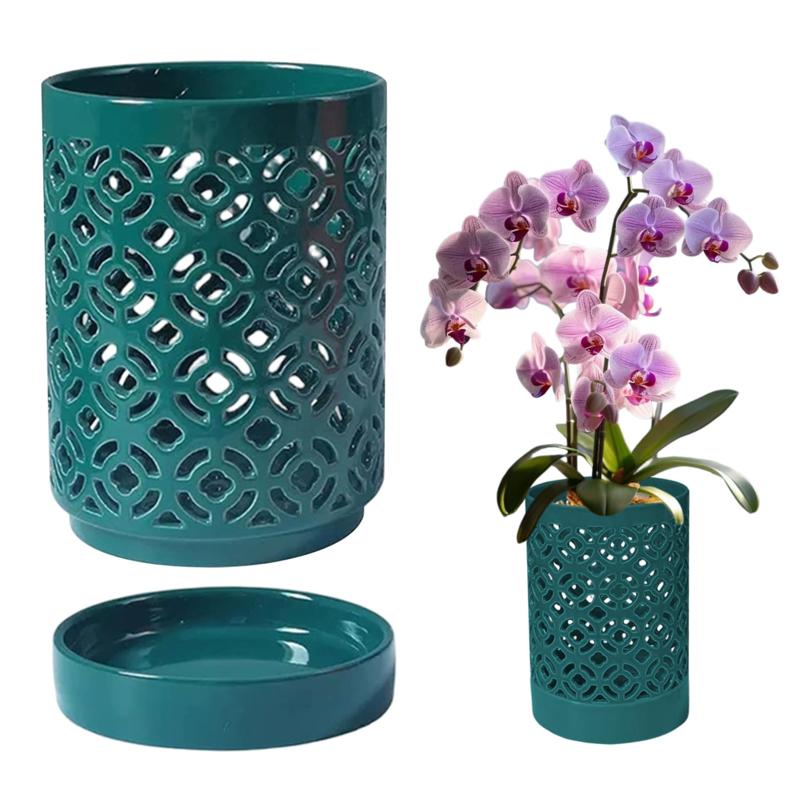 Syglawnd Orchid Planter, Orchid Pots 5.5x4in Planter with Holes & Saucer & Drainage Ceramic Plant Pot for Indoor Outdoor Plants, Green