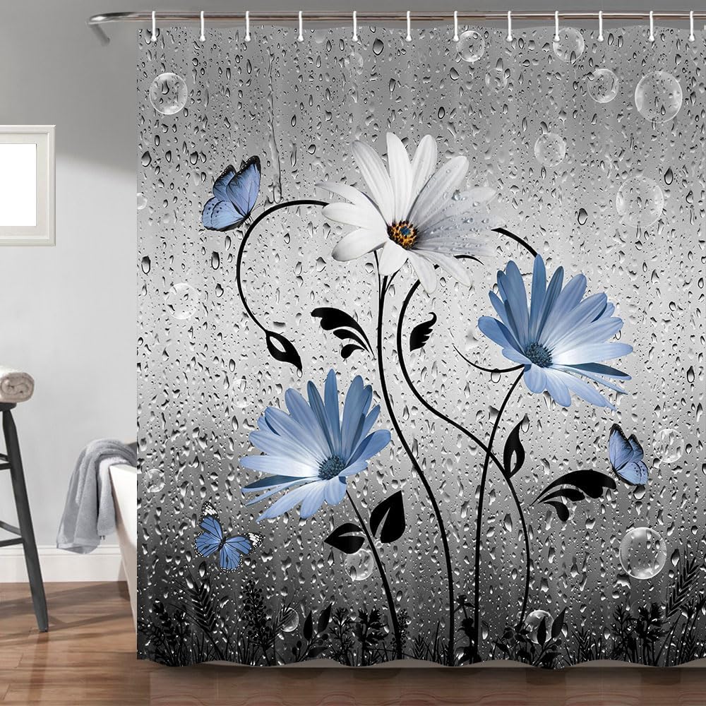 Rustic Farmhouse Shower Curtain for Bathroom, Farm Teal Daisy Floral Flowers and Butterfly on Country Wooden Bath Curtains, Turquoise Blue Fabric Bathroom Decor Set with Hooks 72X84
