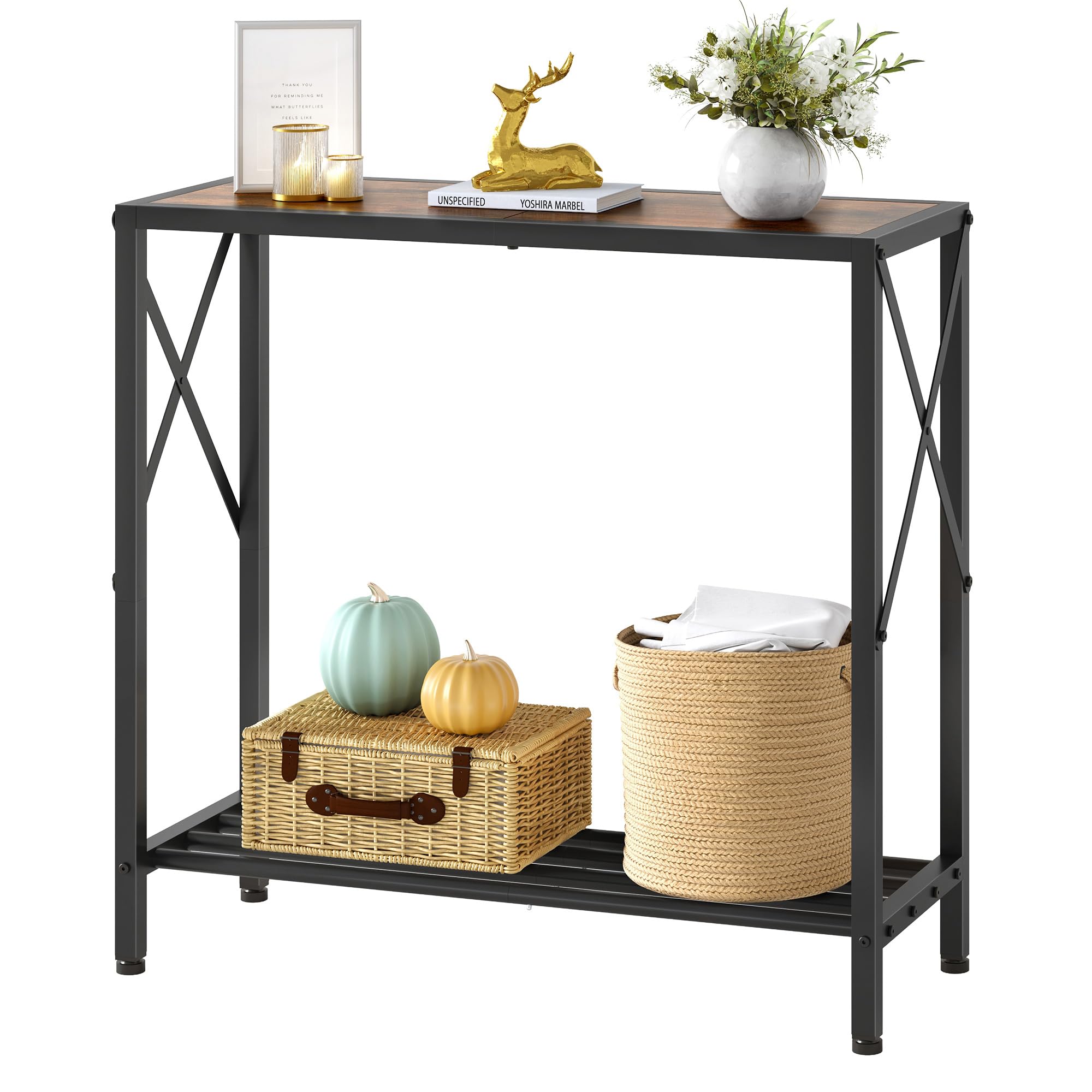 Tajsoon Narrow Console Table – 2-Tier Rustic Brown Entryway Table With Open Shelves, 29"L
