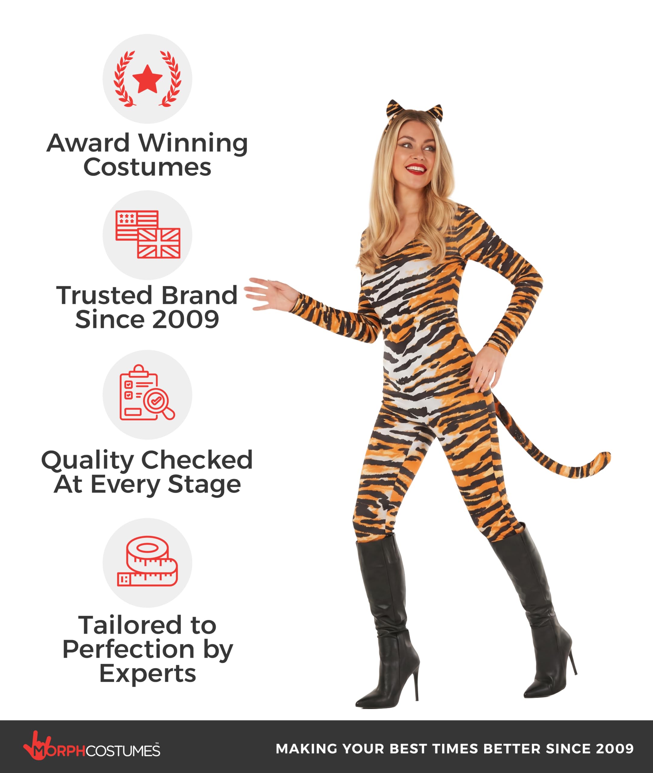 Morph Disfraz de tigre para mujer adulta, con estampado de tigre naranja, vestido de Halloween, accesorios de disfraz