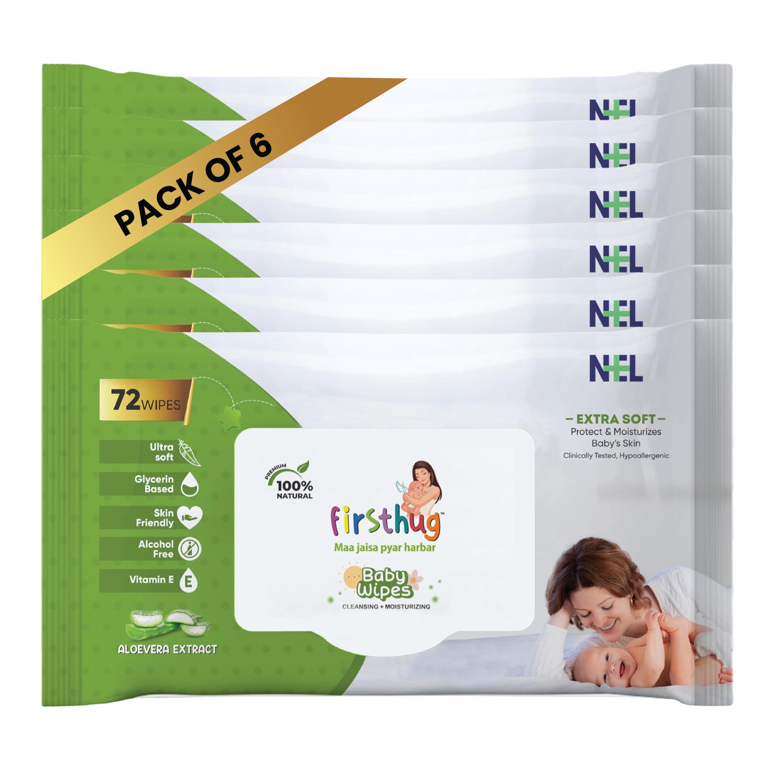 Baby Wipes without Lid, 72 pcs each, Pack of 6 | 98% Water-Based, Enriched with Aloe Vera & Vitamin E, Extra Thick & Tear-Resistant, Mild Fragrance, Skin-Friendly for Newborns & Infants-image-36
