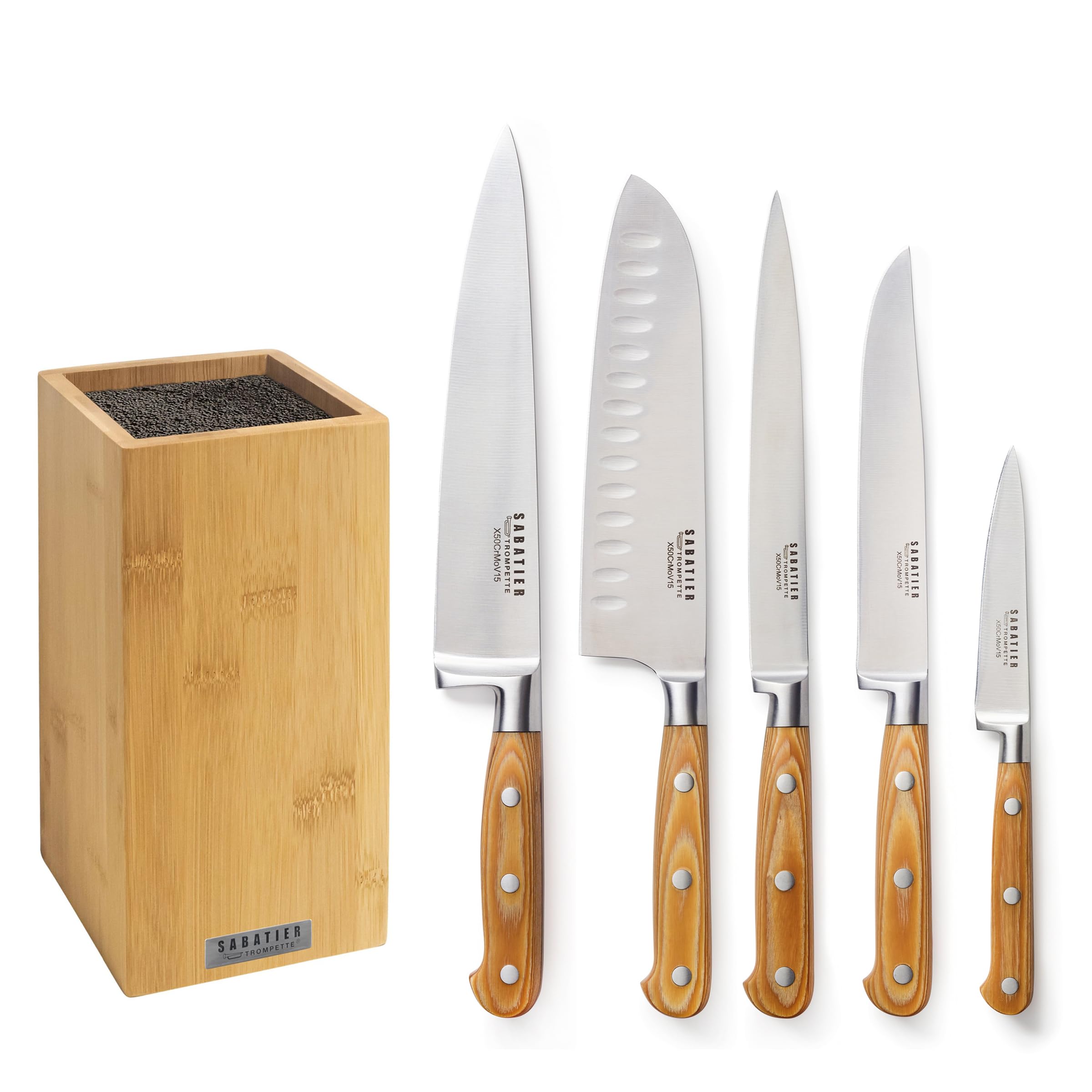 SABATIER TROMPETTE - Bloc 5 couteaux de cuisine - Essentiel - Acier 5Cr15MoV - Finition Satinée - 26 x 15.5 cm - Bois clair